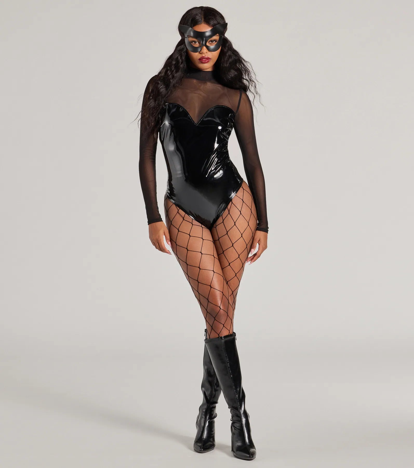 Ultimate Feline Fantasy: Mesh & Faux Leather Bodysuit