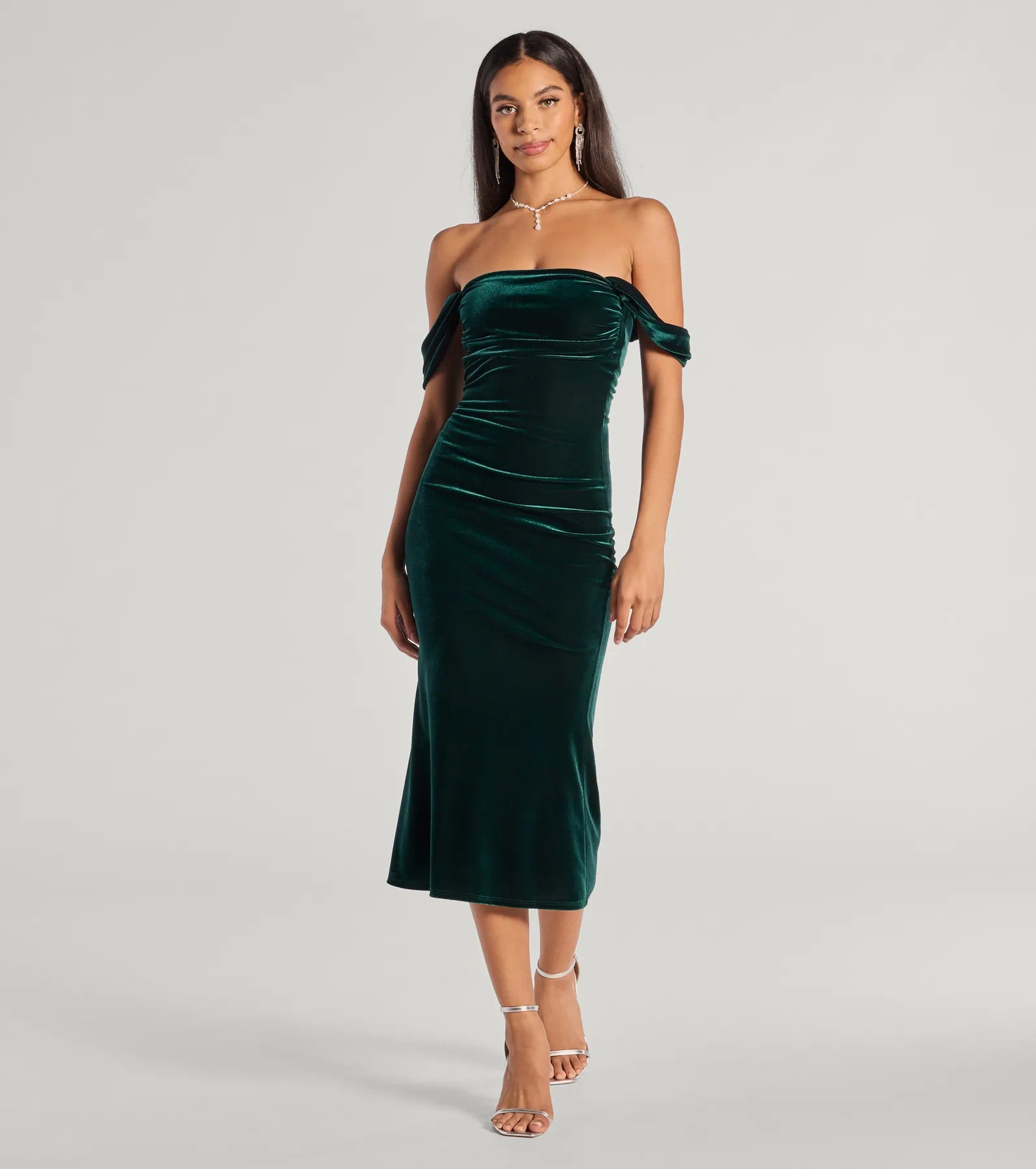 Premium Velvet Off-The-Shoulder Midi Dress - Regal Moment