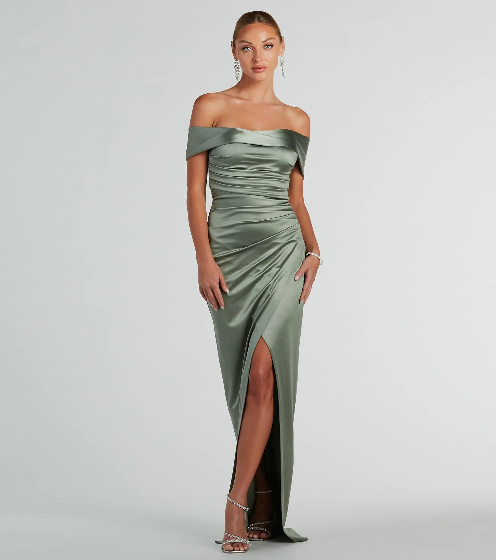 Maeva Premium Satin Off-The-Shoulder Evening Gown