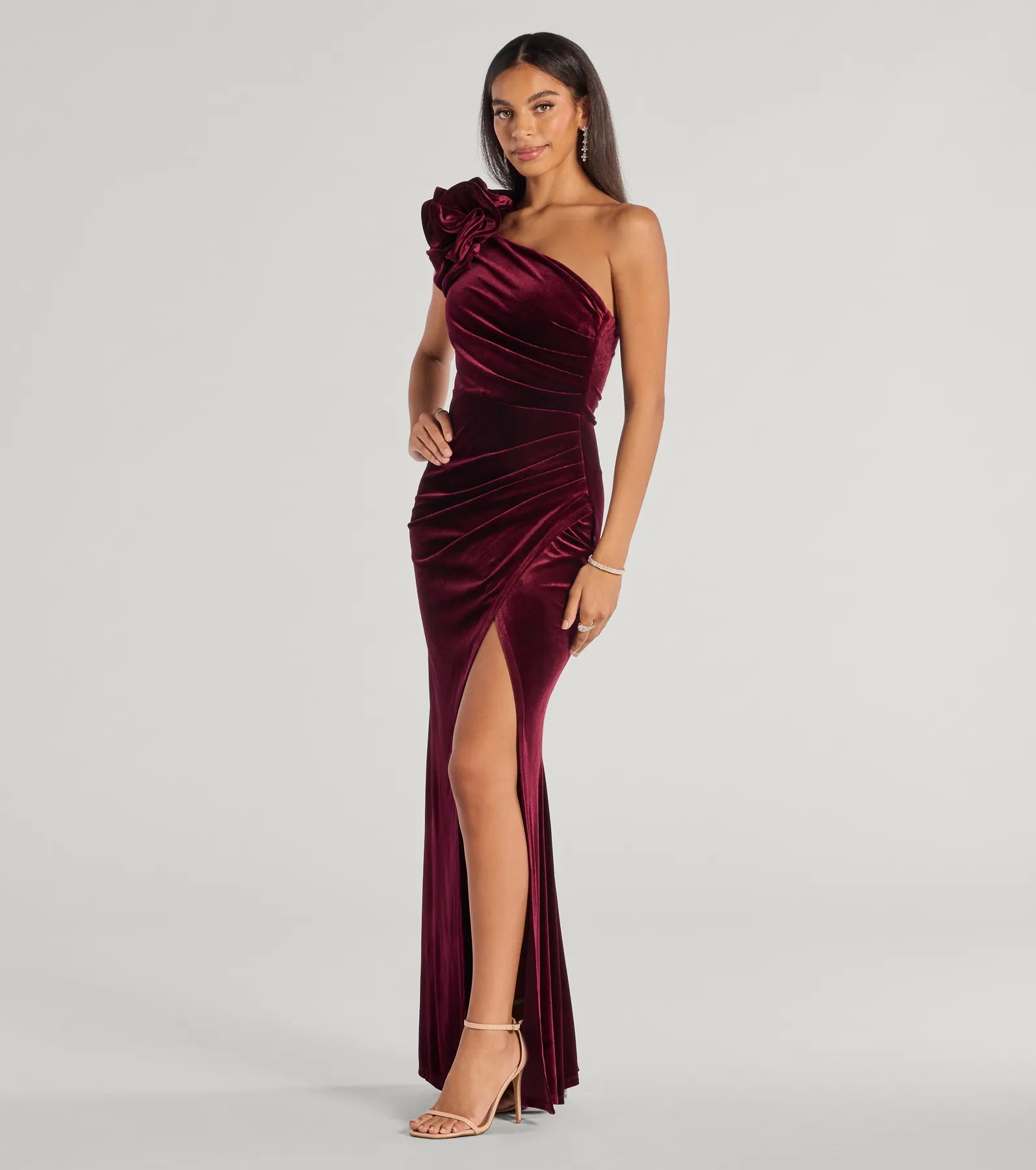 Premium Freida Velvet Ruffled One-Shoulder Evening Gown