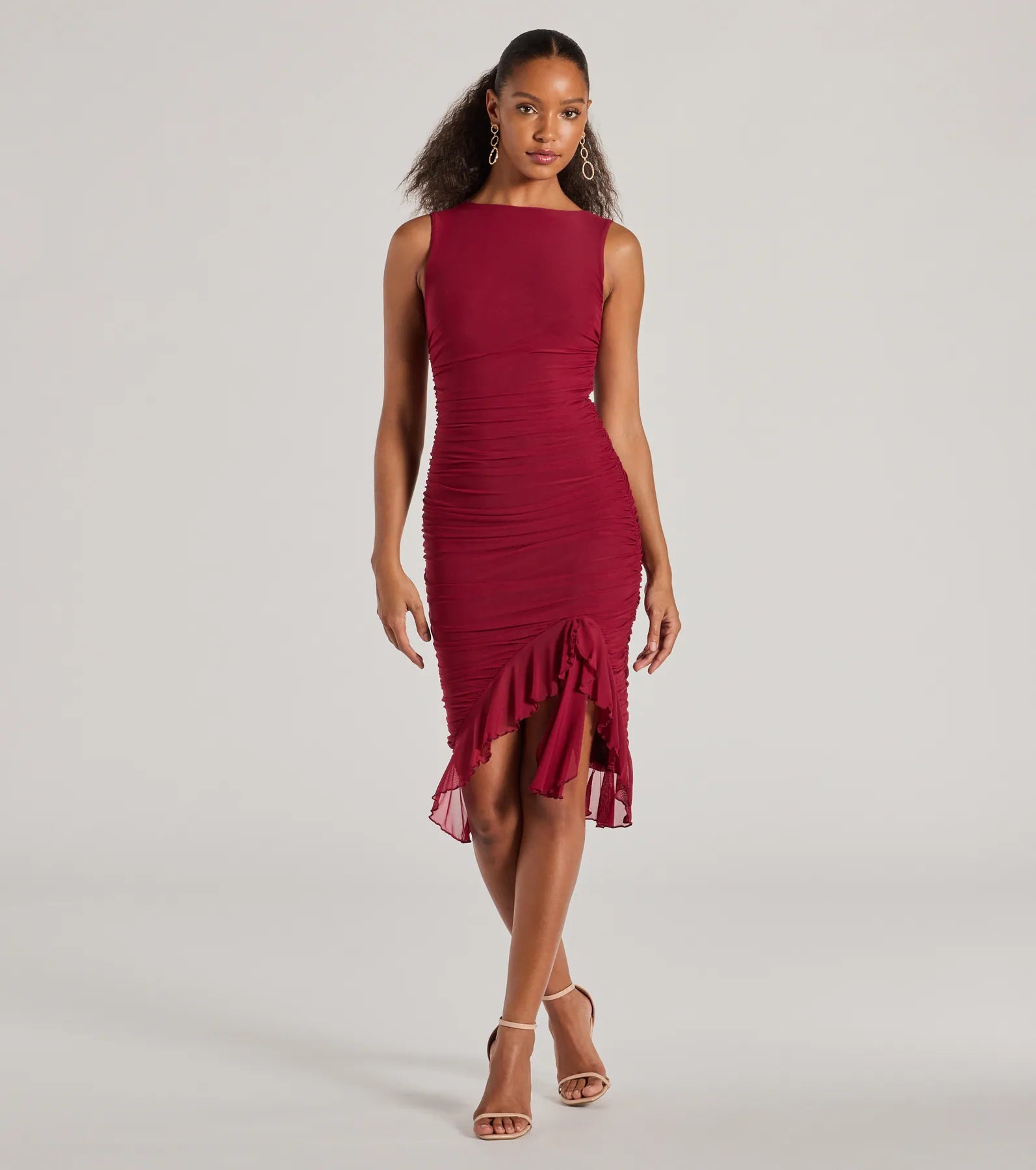 Elegant Casey Premium Mesh High Neck Ruffle Midi Dress