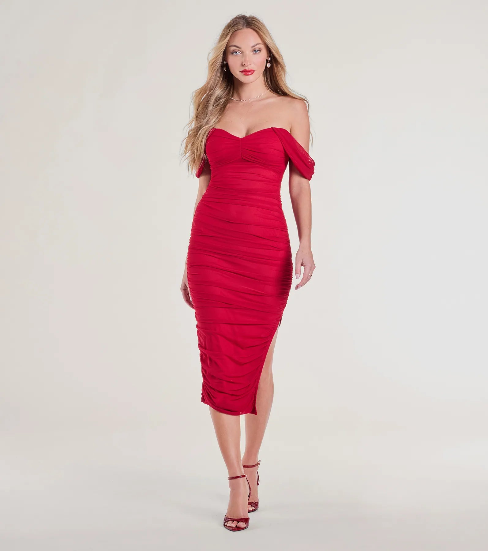 Ultimate Allure Mesh Off-The-Shoulder Midi Dress