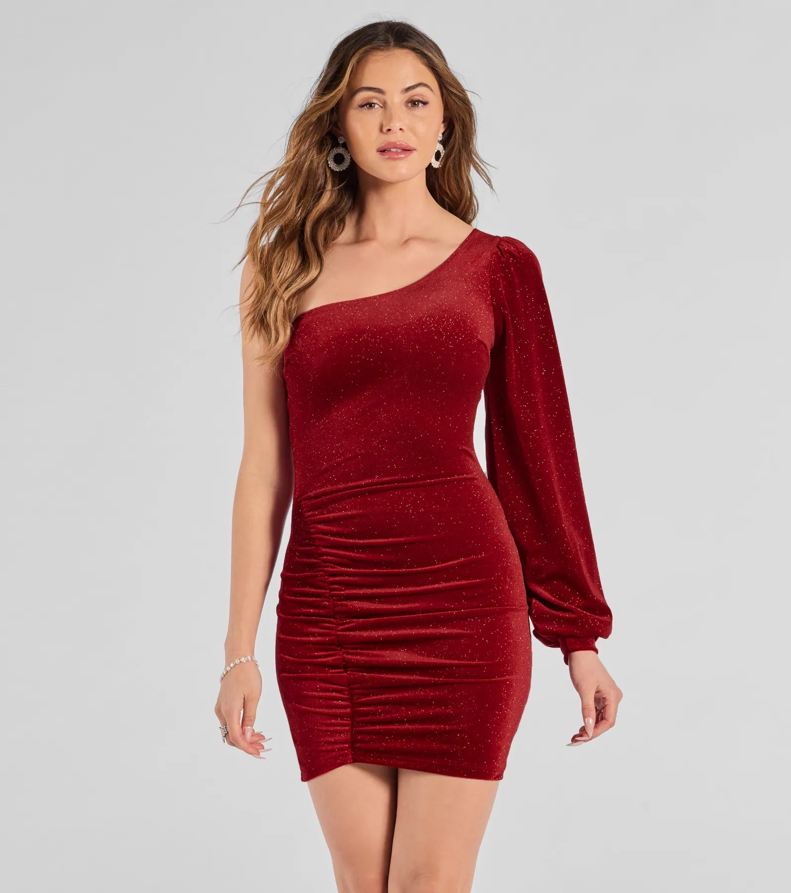 Premium Glitter Velvet One-Shoulder Party Dress