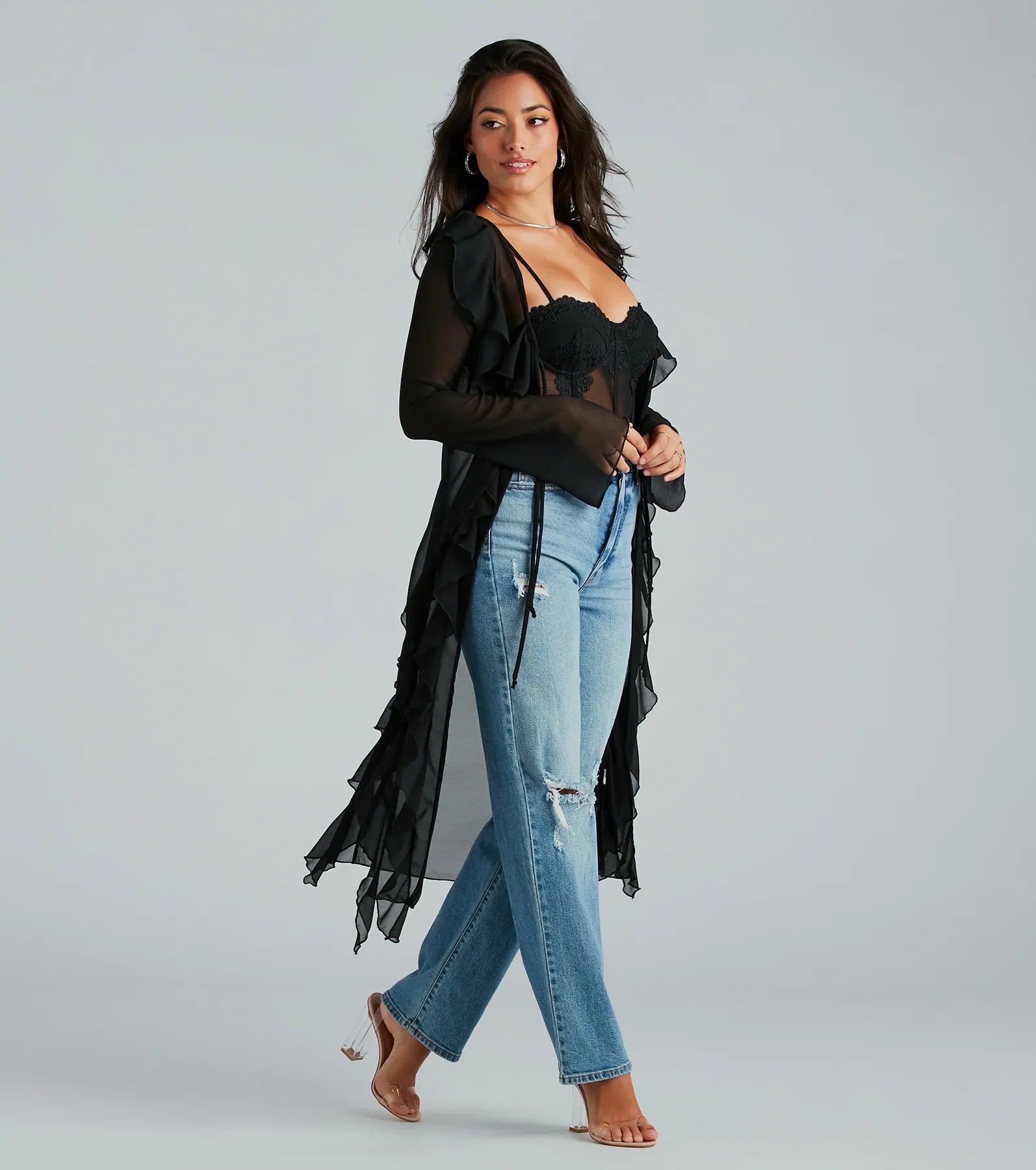 Premium Mesh Chiffon Ruffle Long Duster - Ultimate Elegance