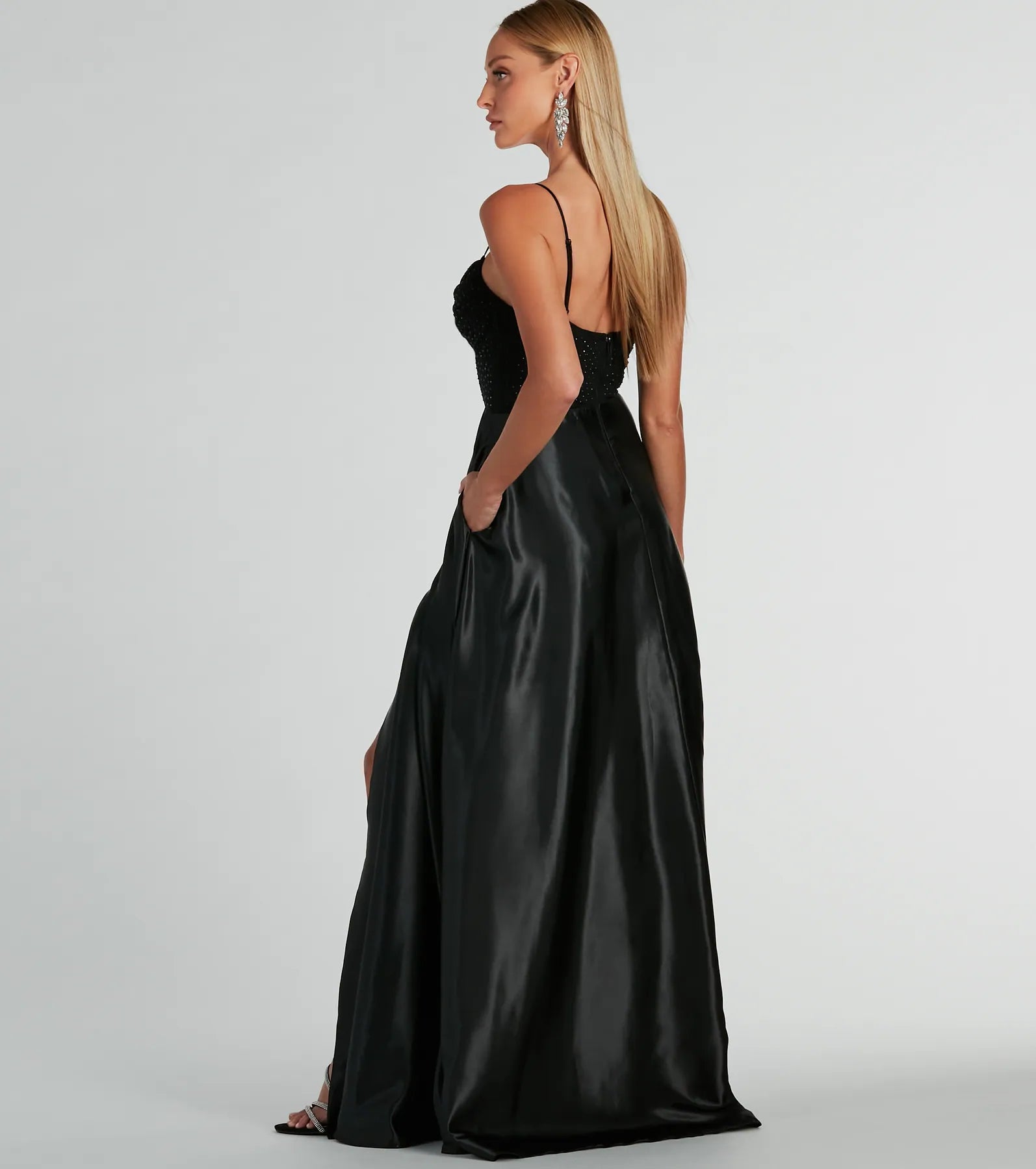 Ammara Premium Cowl Neck Satin Gown with Rhinestone Mesh