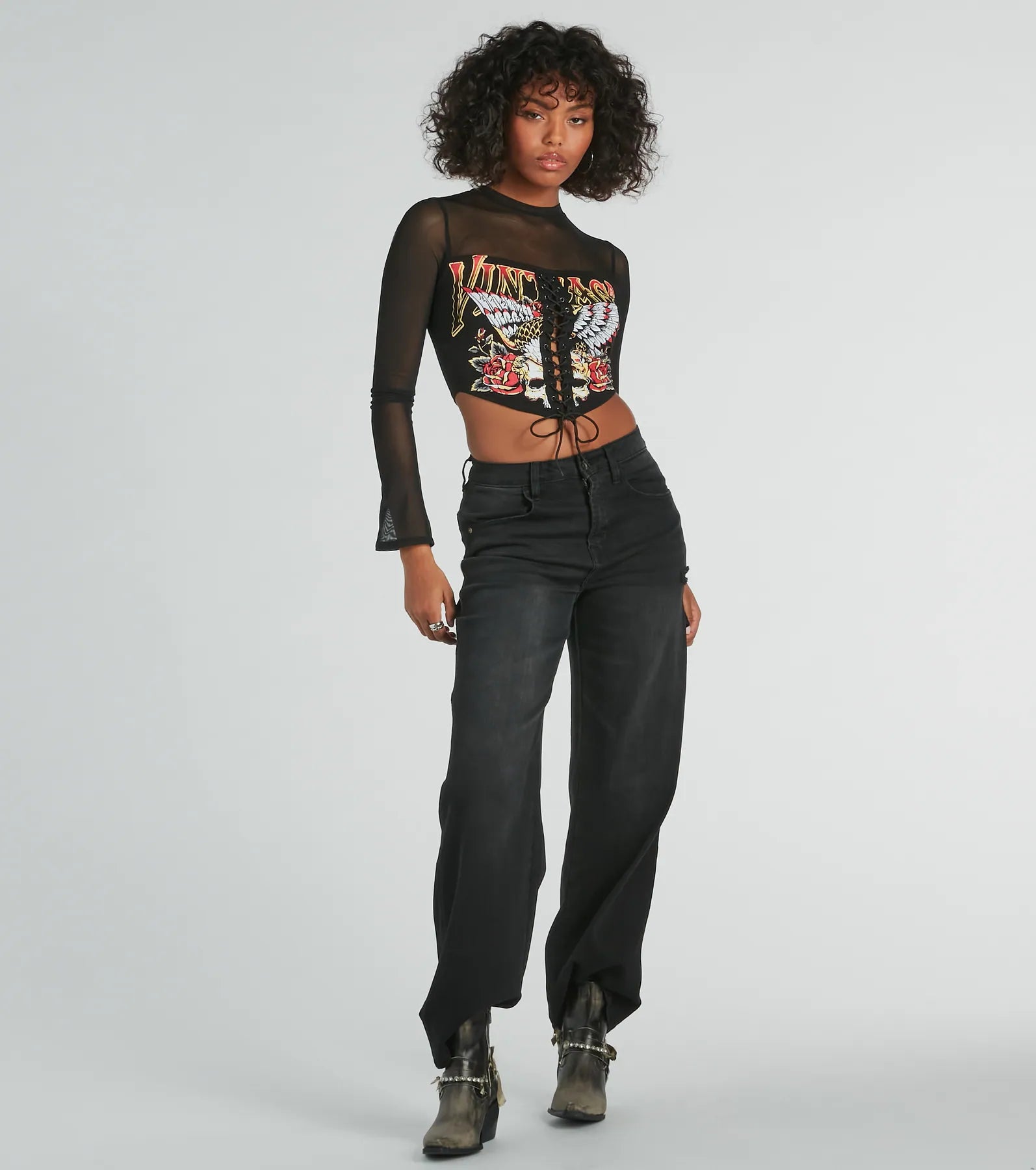 Ultimate Vintage Lace-Up Mesh Graphic Crop Top