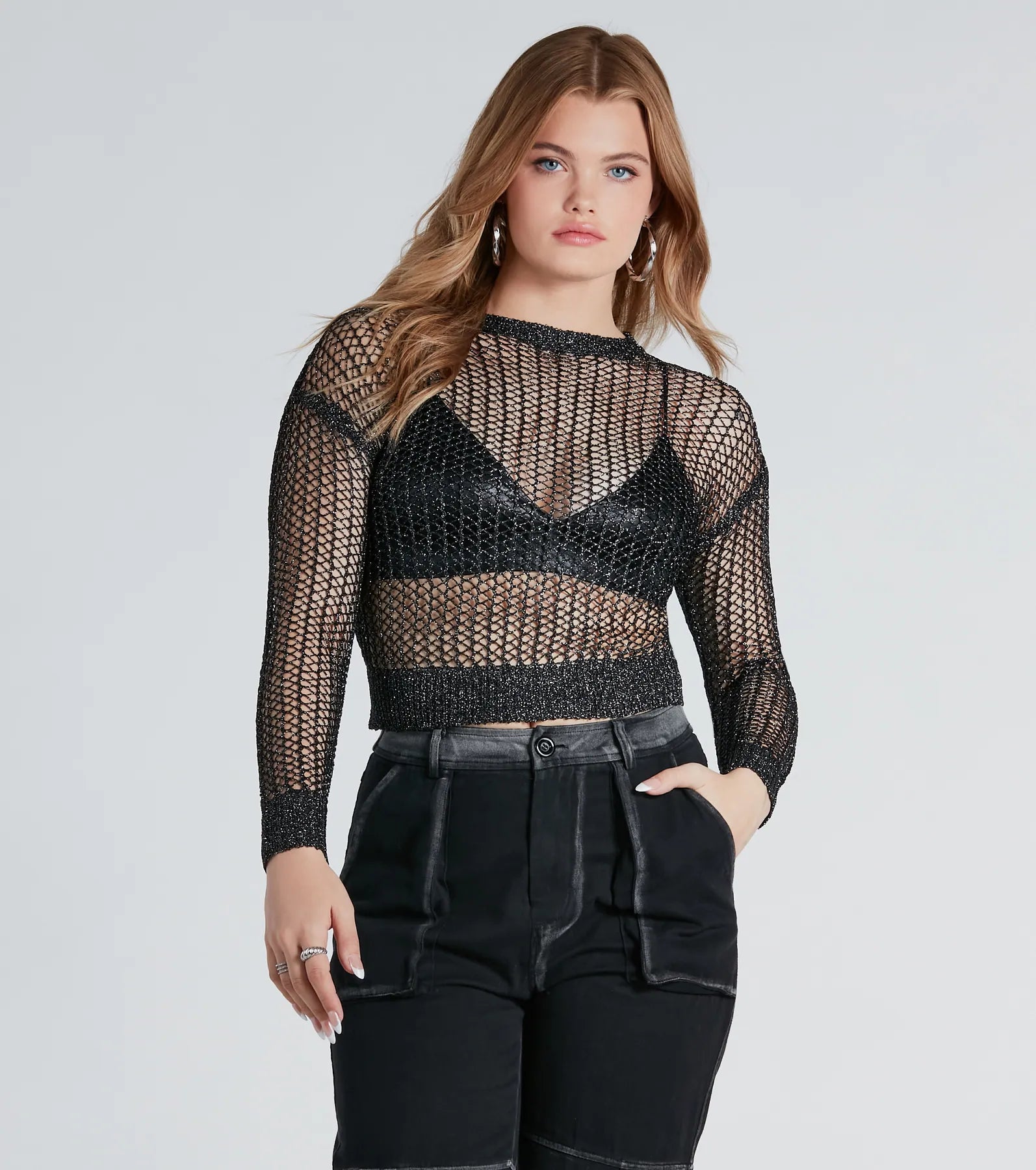 Premium Sheer Fishnet Sweater with Detachable Faux Leather Bralette