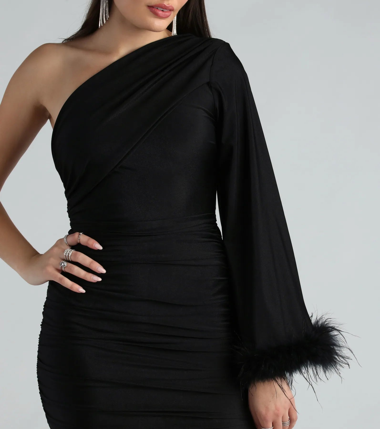 Brielle Premium One-Shoulder Feather Trim Party Dress