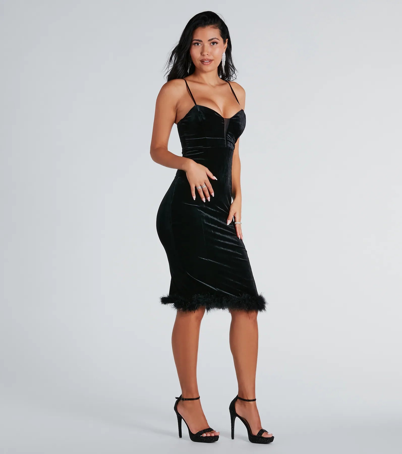 Ultimate Alyssa Feather Trim Velvet Evening Dress