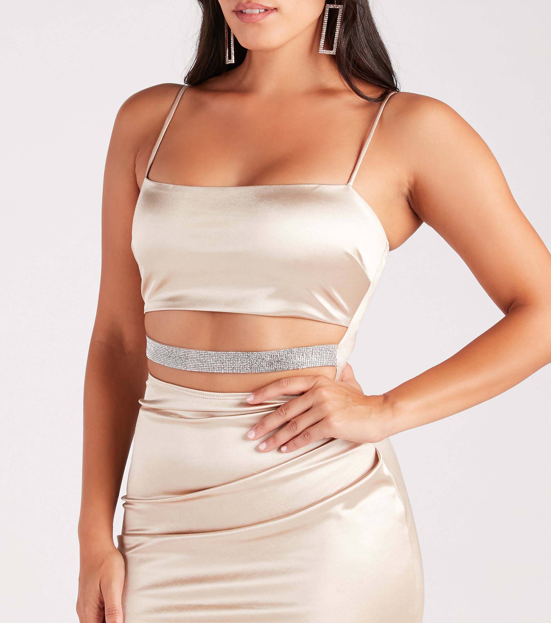 Premium Glam Satin Rhinestone Midi Dress - Ultimate Night Out Look