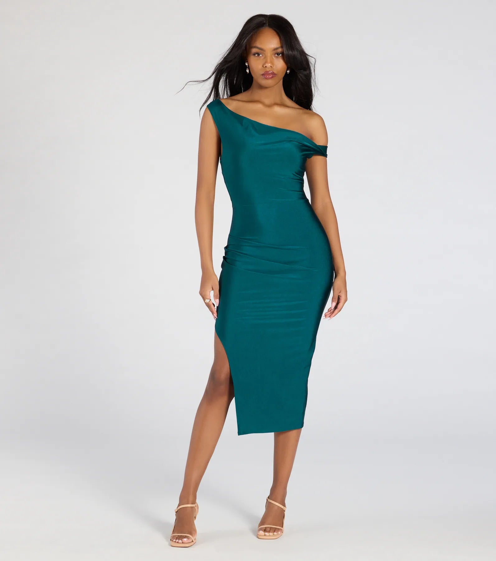 Ultimate Iconic Silhouette Off-Shoulder High Slit Midi Dress