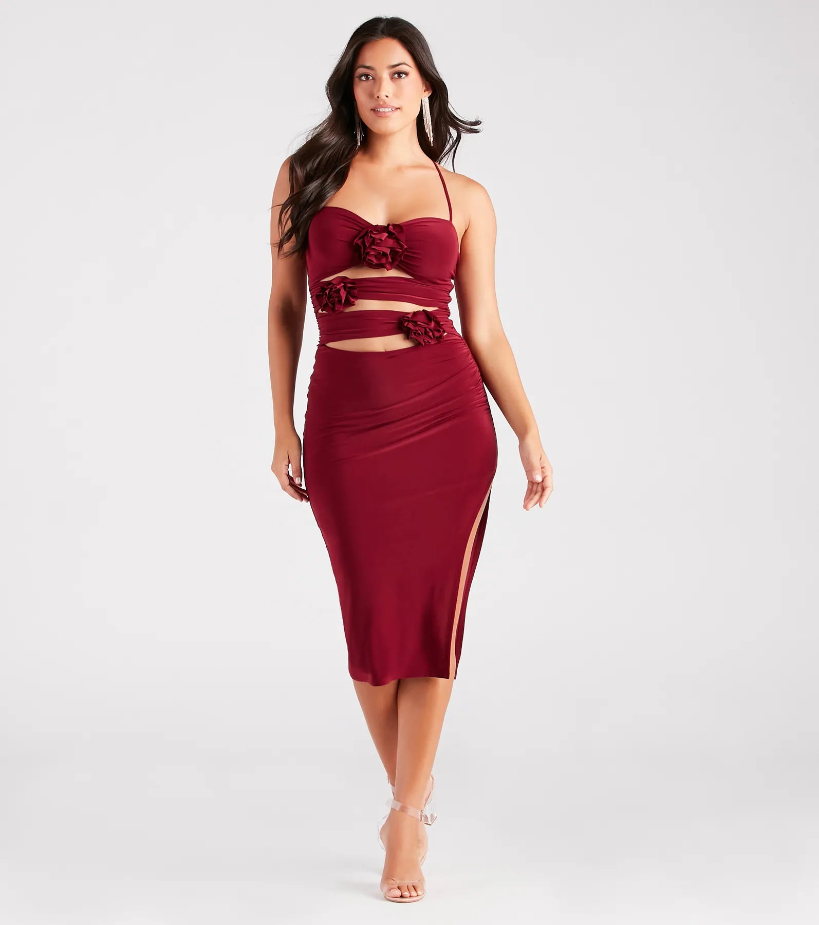 Premium Rose Elegance Halter Cutout Midi Dress