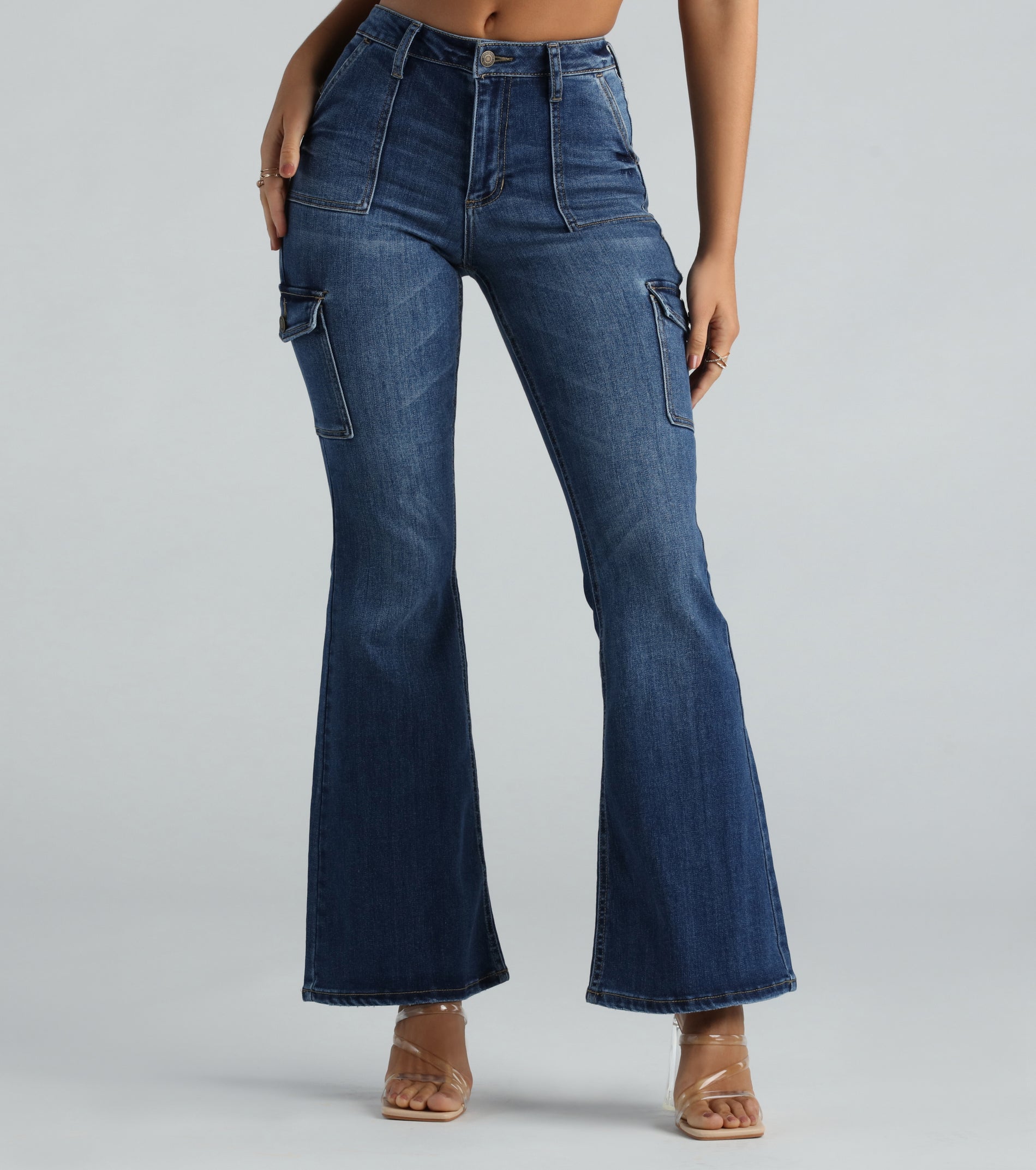 Ultimate High-Rise Cargo Flare Denim Jeans - Vintage Wash