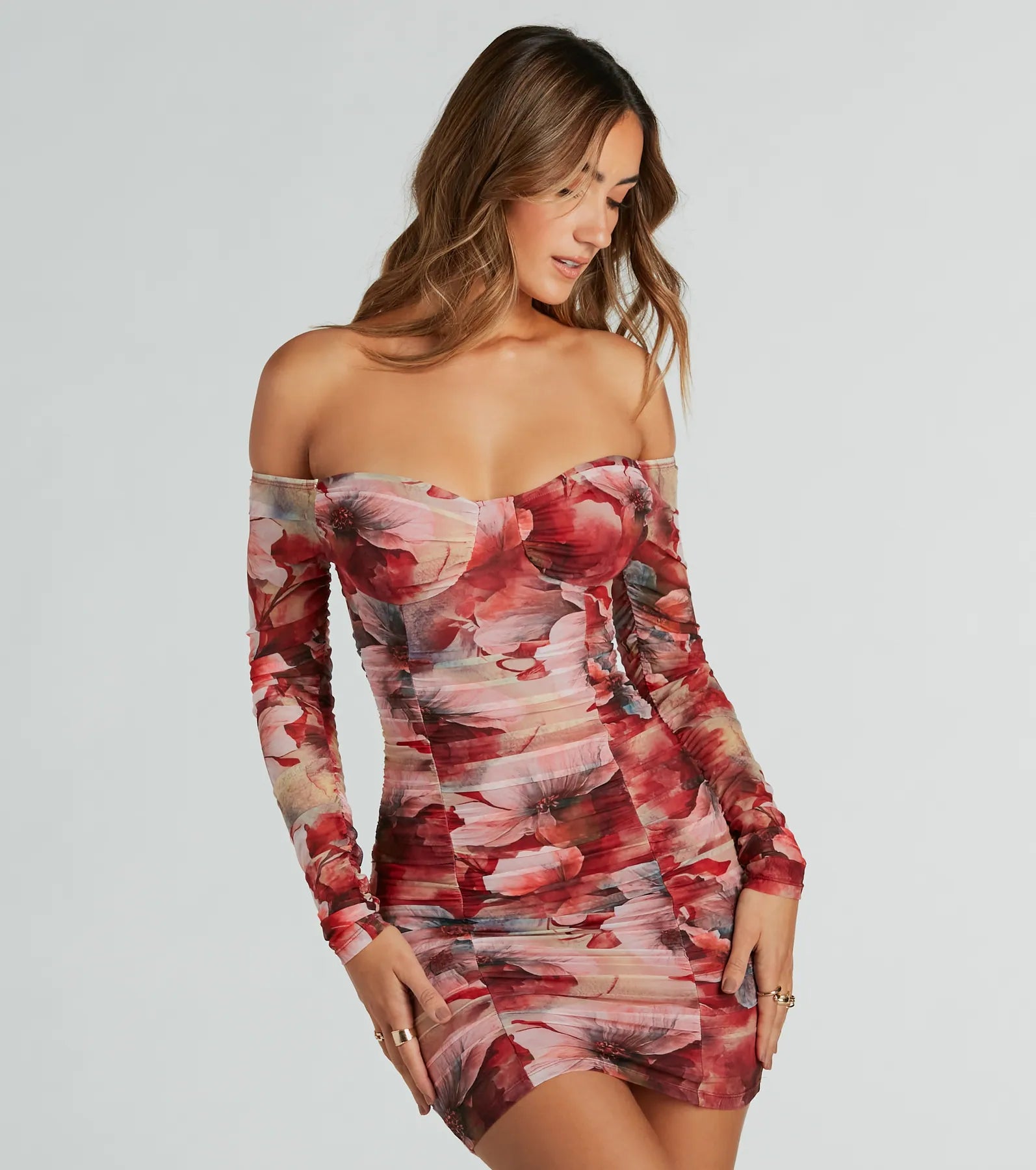 Ultimate Bold Bloom Off-The-Shoulder Floral Mesh Mini Dress