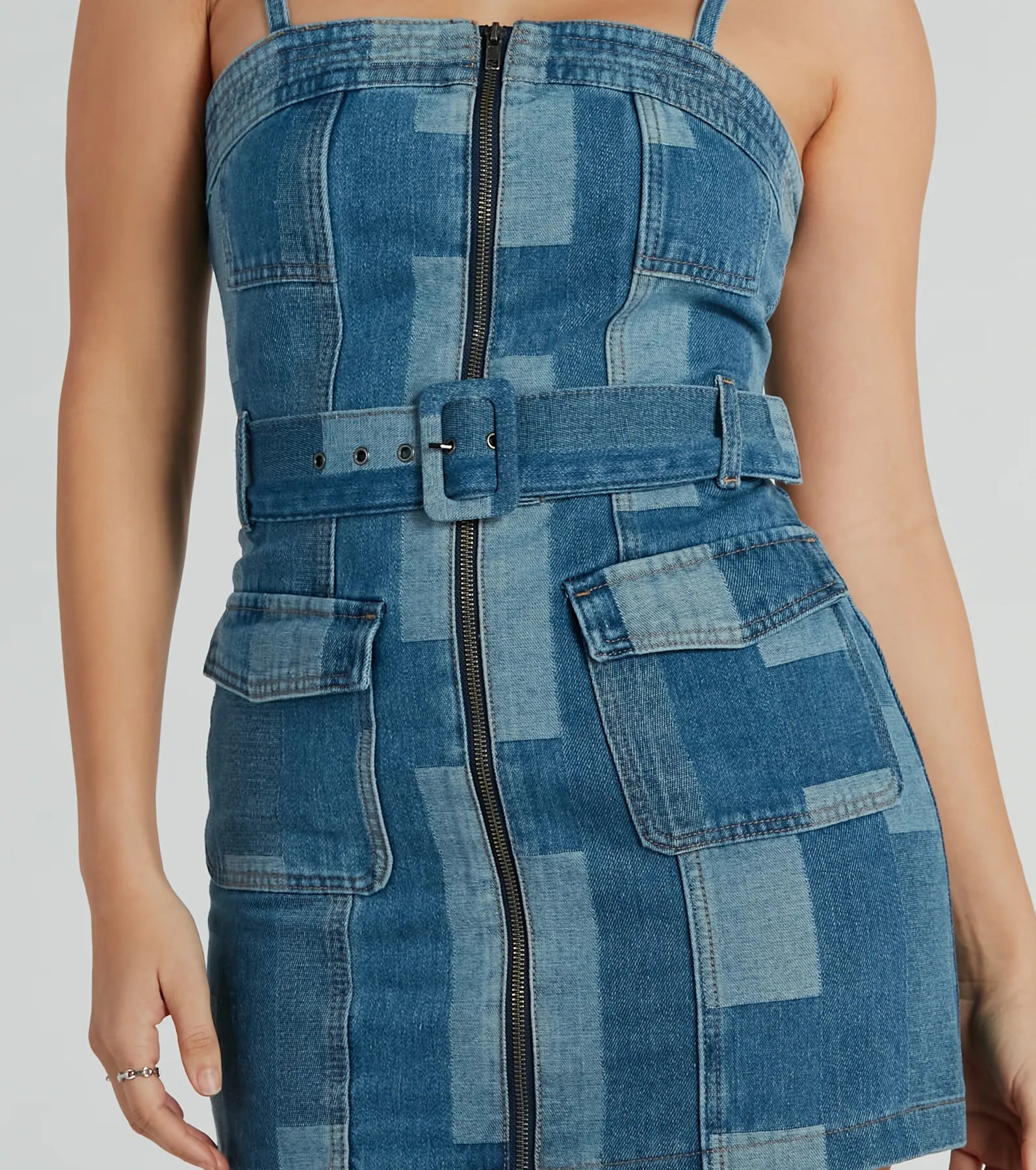 Ultimate Patchwork Denim Mini Dress with Adjustable Waist Belt