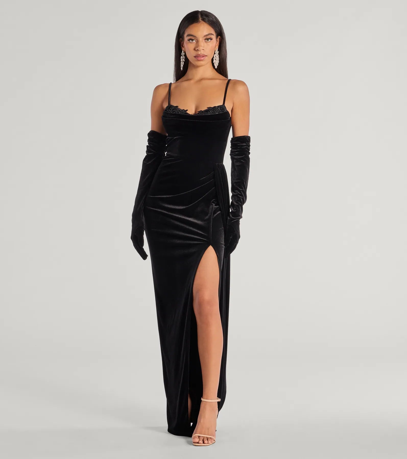 Premium Inez Velvet Beaded Gown with Gloves - Ultimate Formal Elegance