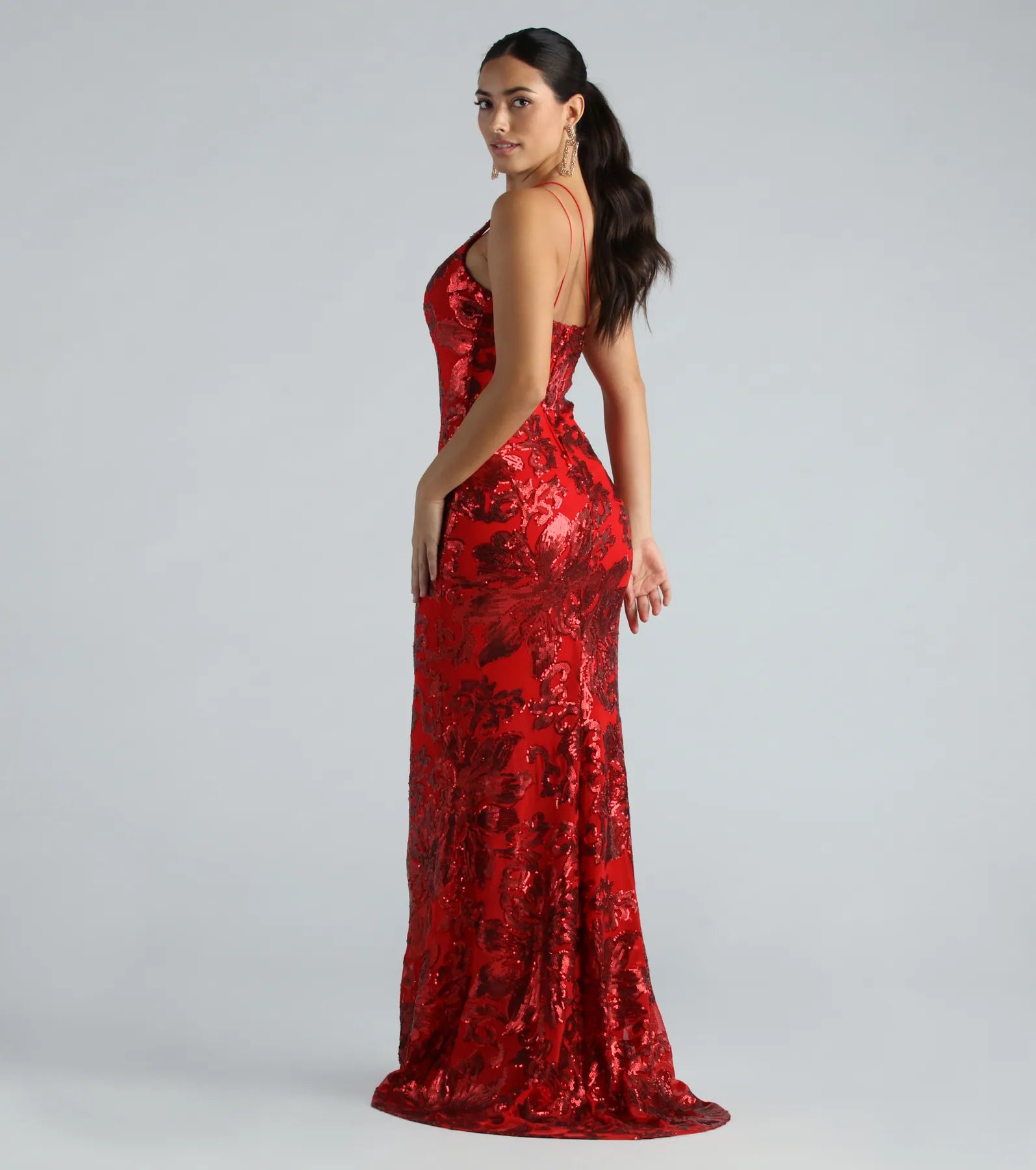 Premium Kris Sequin One-Shoulder Evening Gown with Train