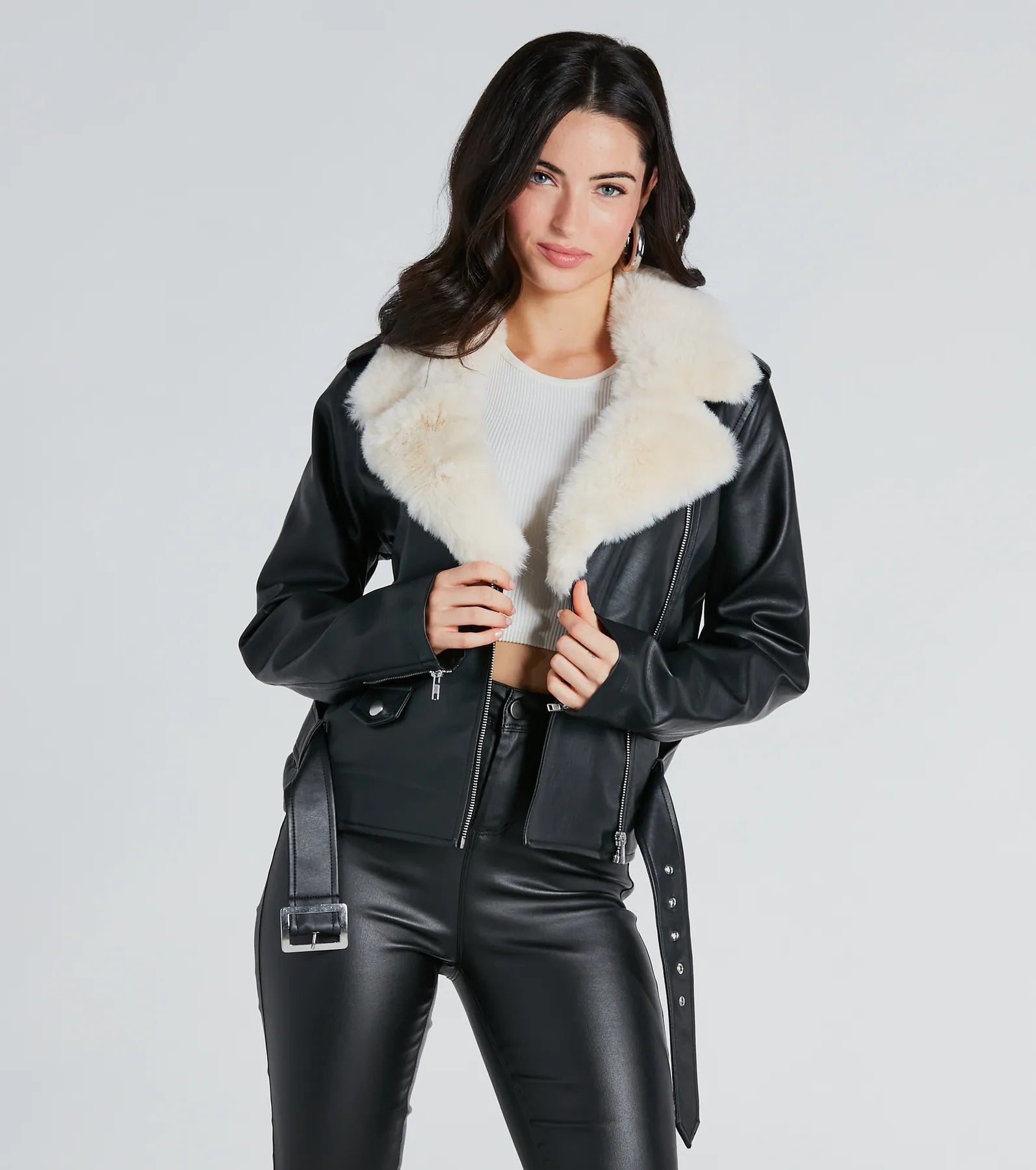 Premium Faux Leather Jacket with Detachable Faux Fur Trim