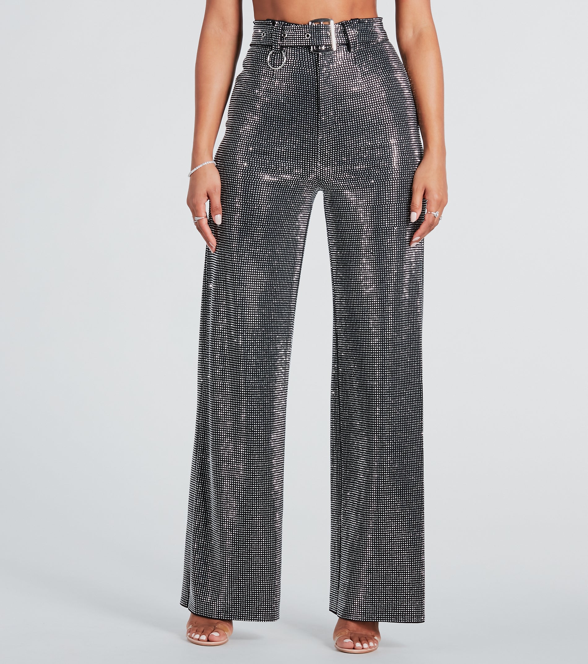 Ultimate Glam Rhinestone Belted Wide-Leg Pants