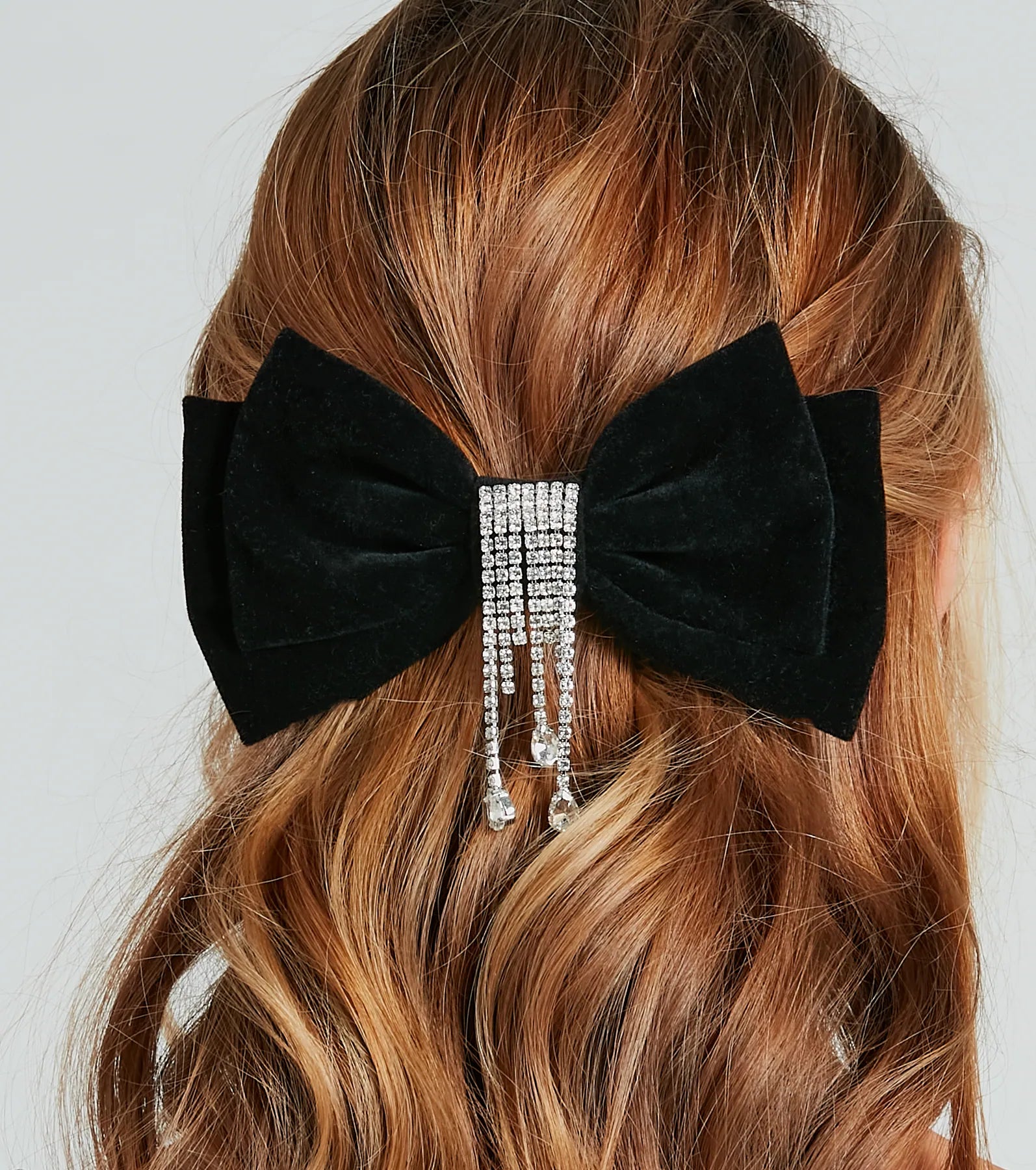 Premium Velvet Bow Hair Clip with Sparkling Rhinestone Fringe