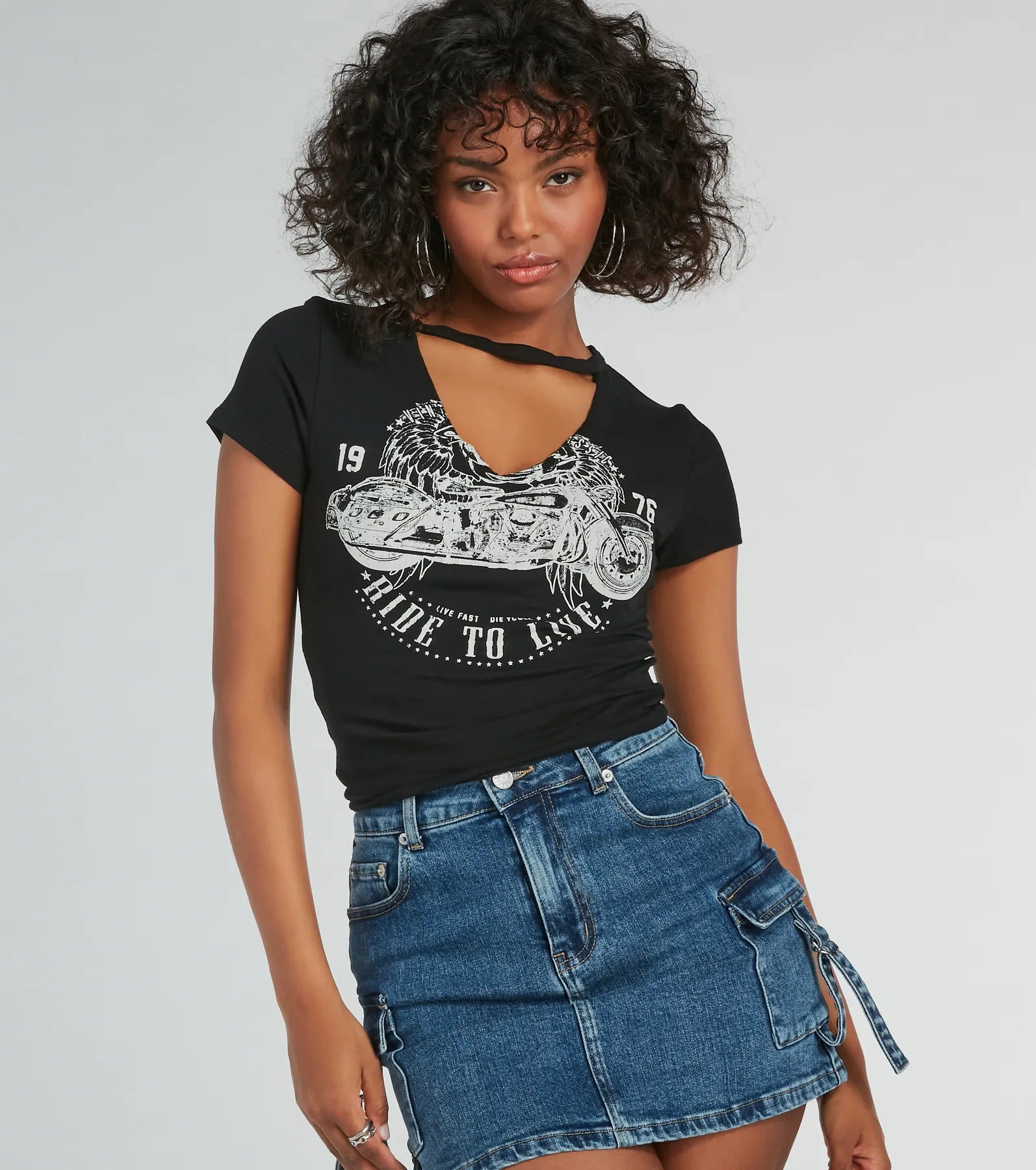 Premium Moto Babe Graphic Tee with V-Neck Cutout