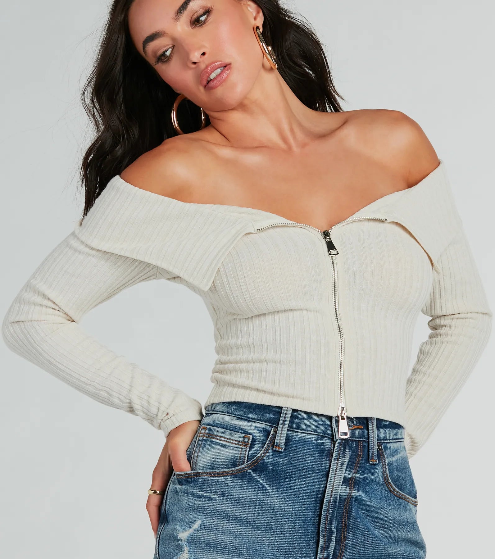 Ultimate Off-The-Shoulder Zip Top - Effortlessly Charming