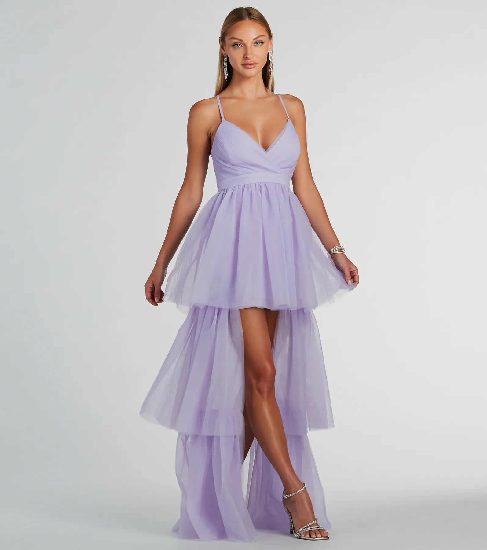 Premium Ophelia V-Neck High-Low Ruffle Tulle Gown