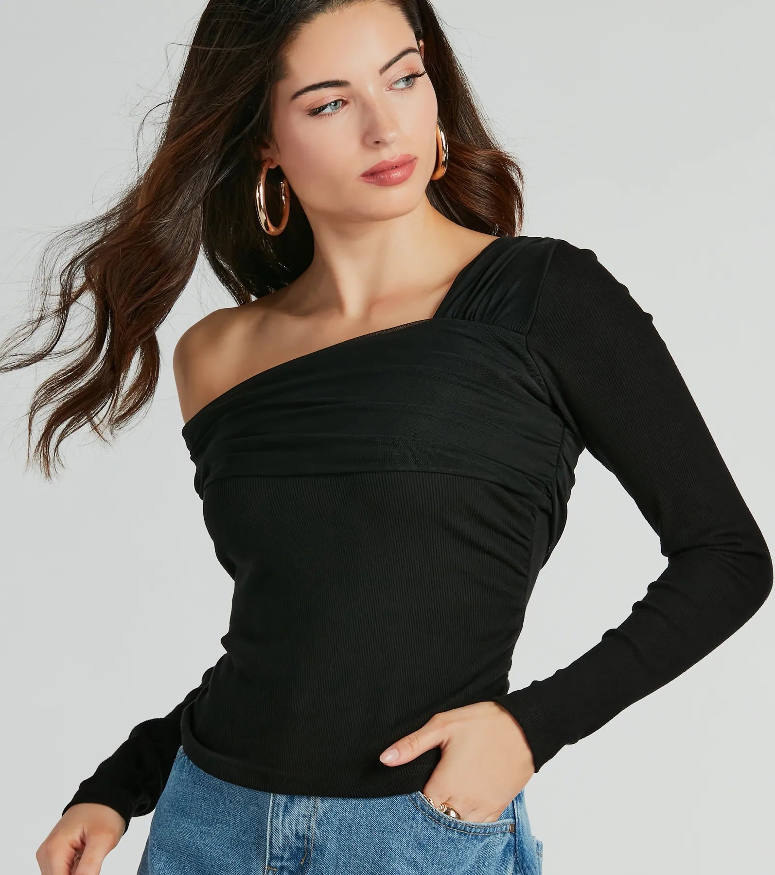 Premium Asymmetric Off-Shoulder Ribbed Knit Top