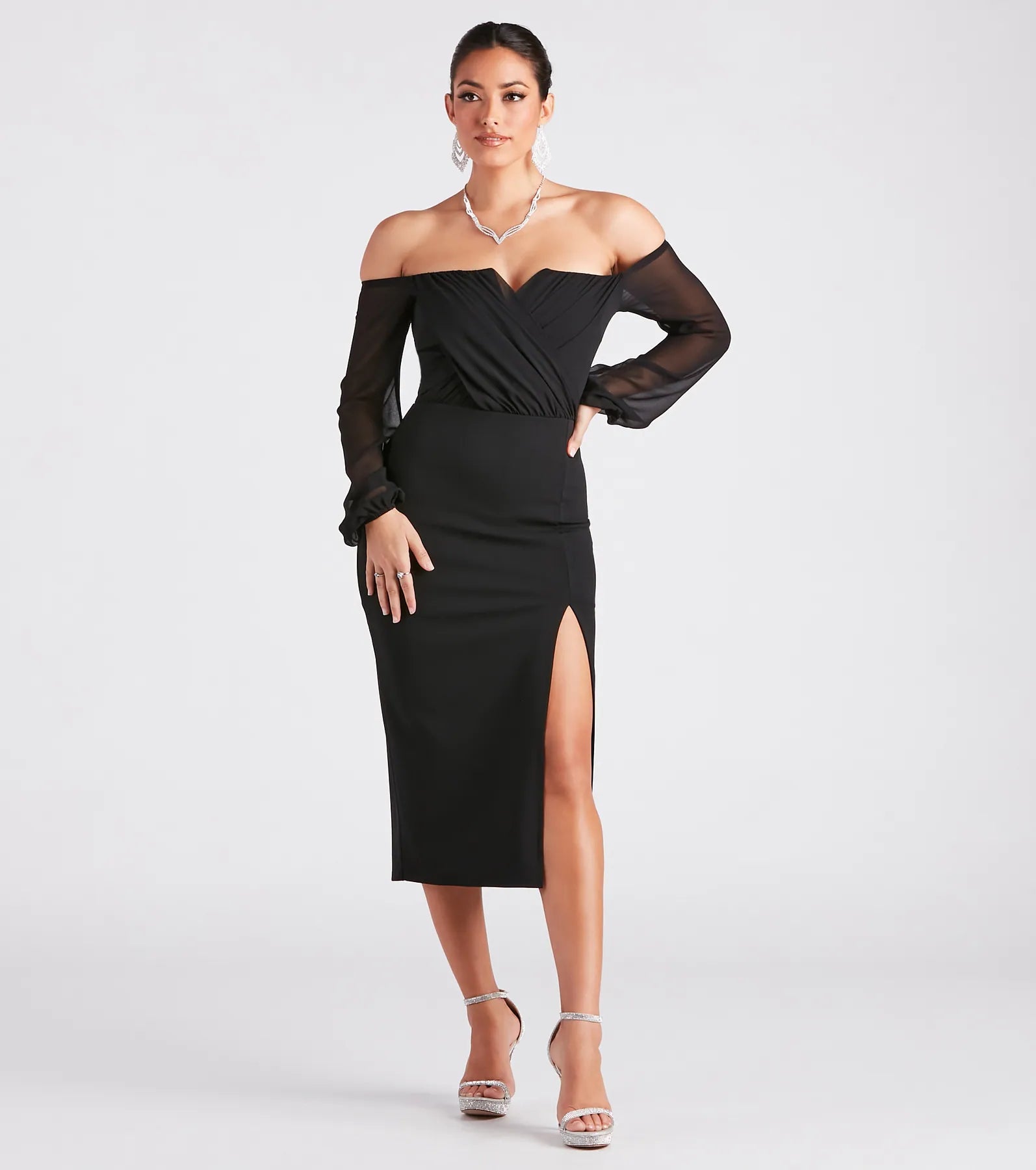 Premium Jolene Chiffon Off-The-Shoulder Midi Dress - Ultimate Elegance