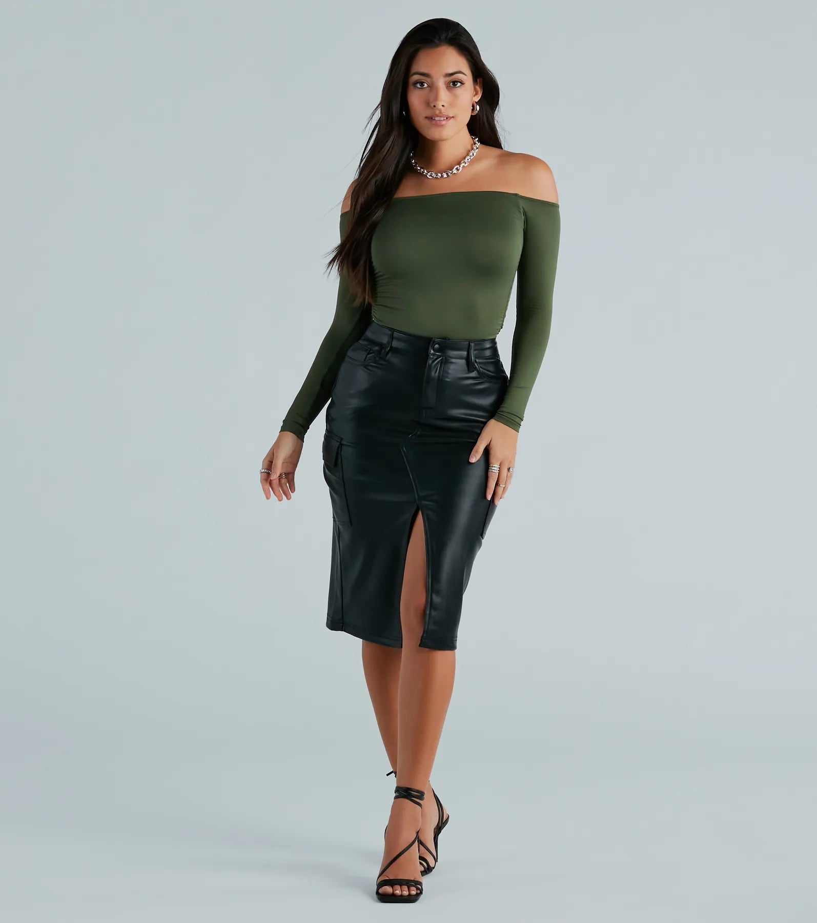 Premium Faux Leather Cargo Midi Skirt - Ultimate Edgy Style