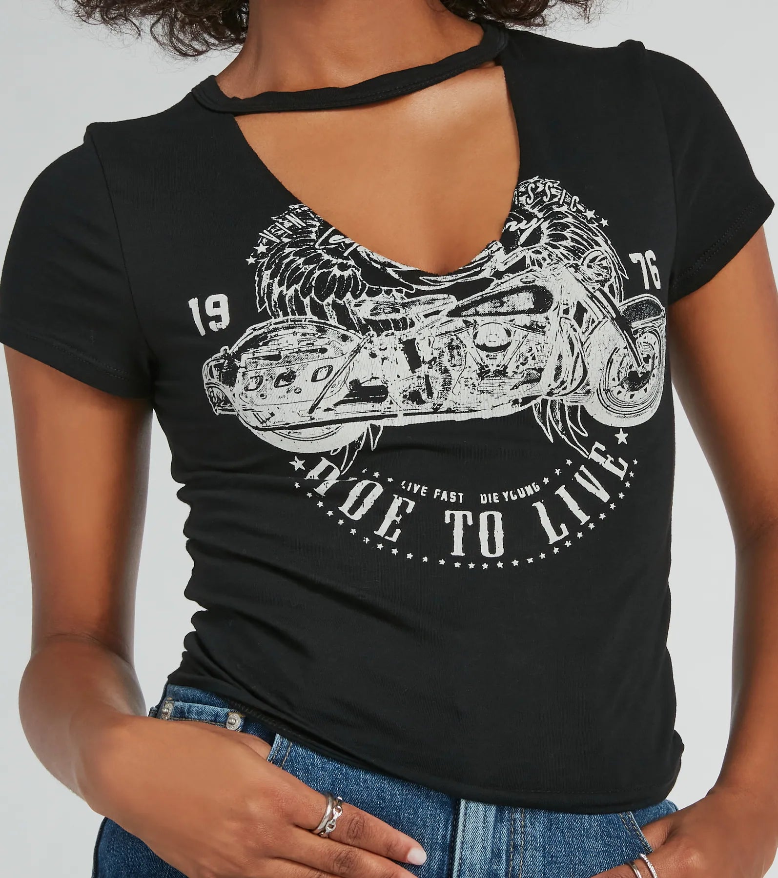 Premium Moto Babe Graphic Tee with V-Neck Cutout