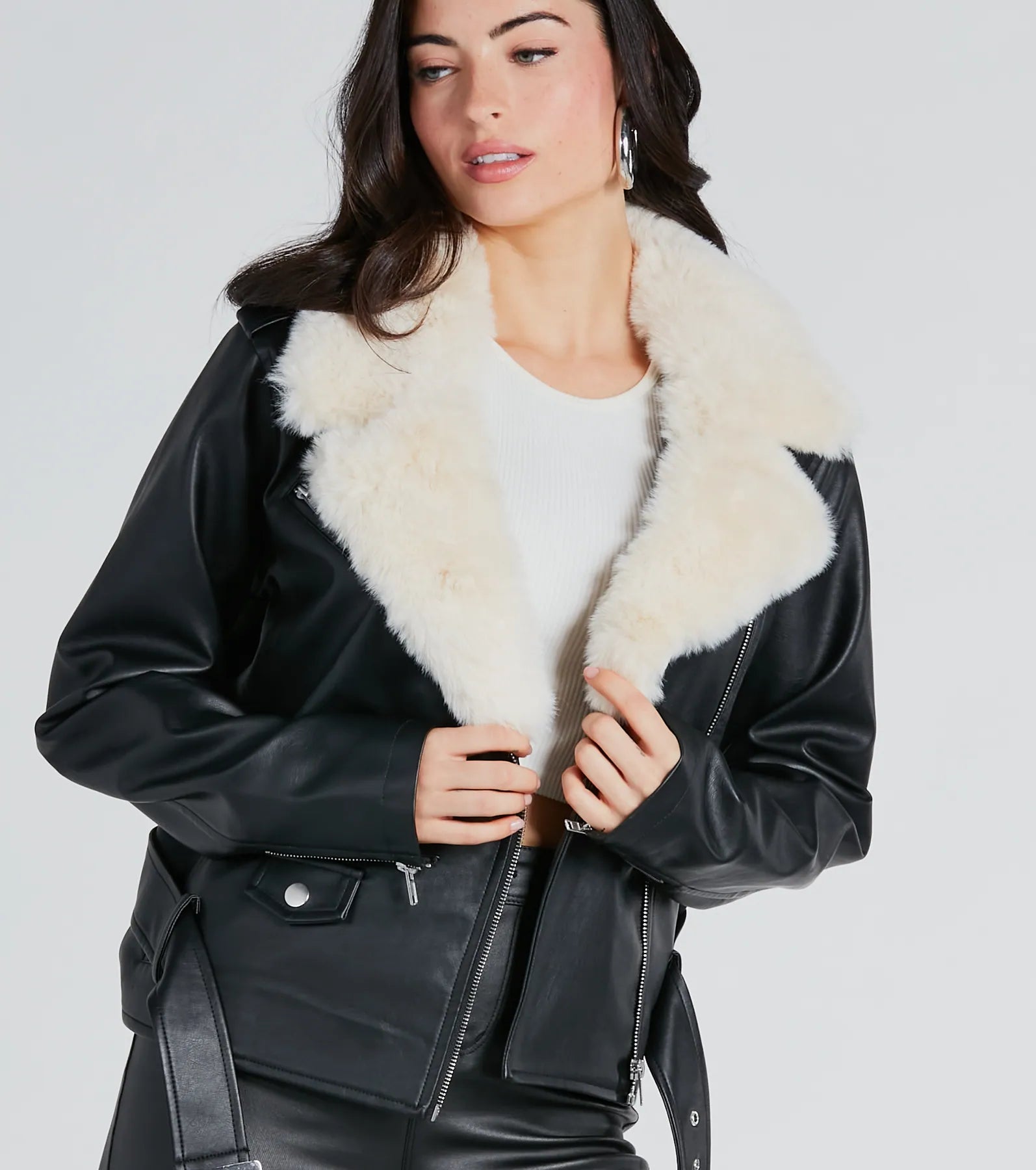 Premium Faux Leather Jacket with Detachable Faux Fur Trim