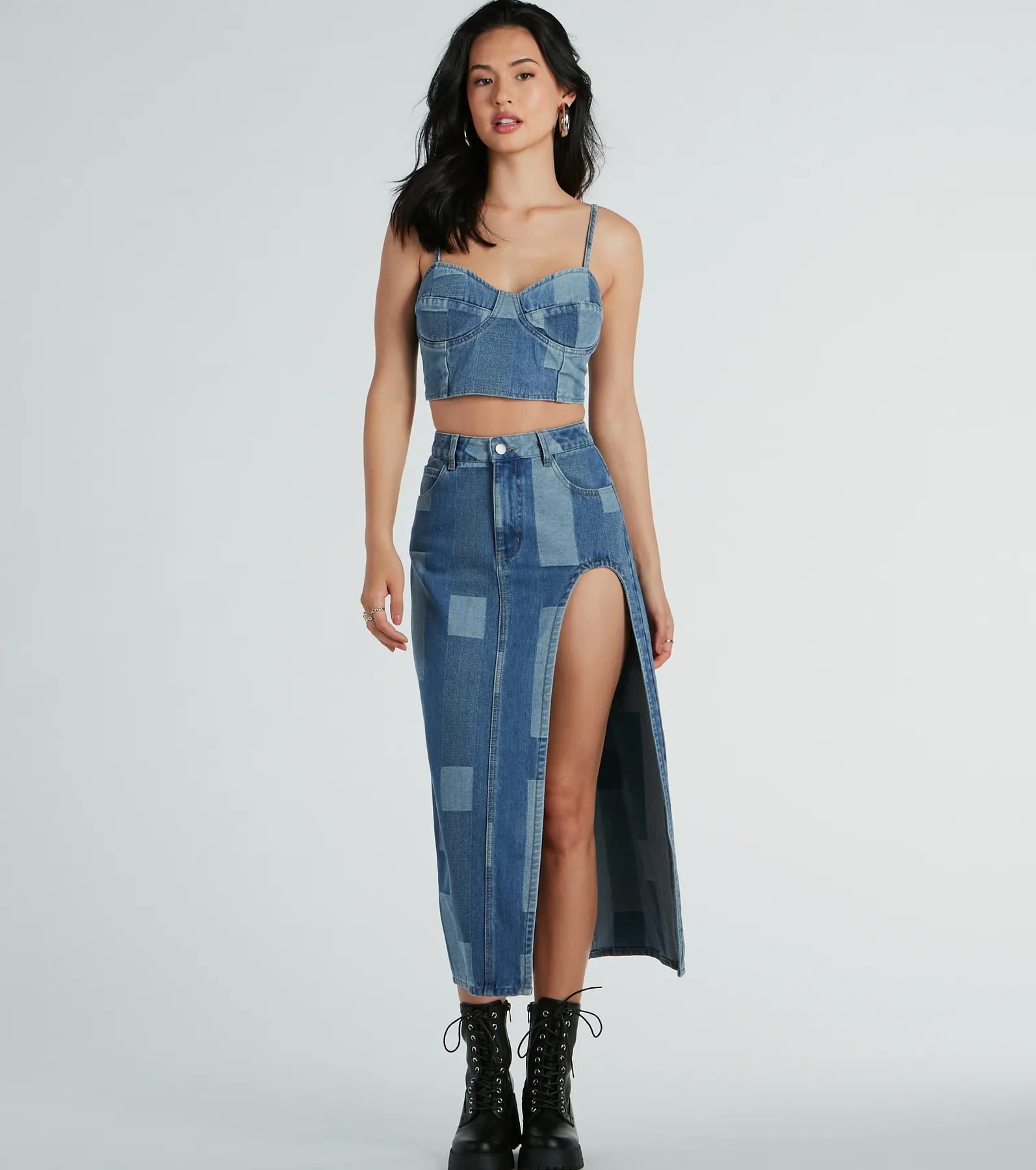 Ultimate Retro Chic High Slit Patchwork Denim Maxi Skirt