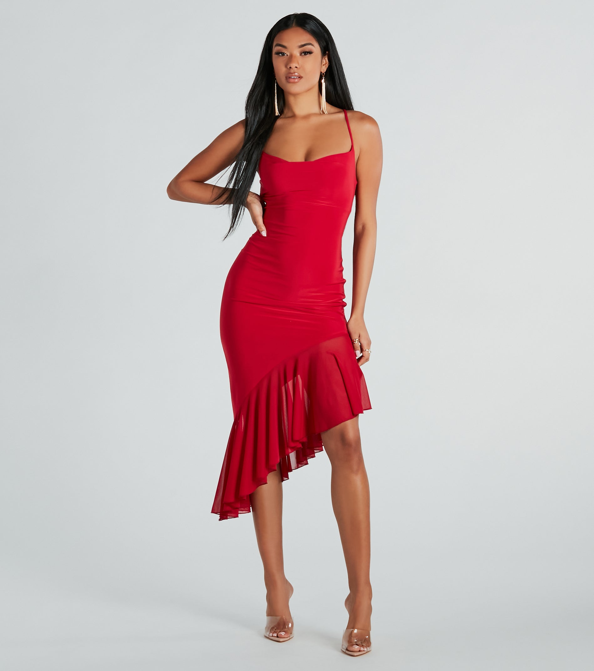 Premium Cowl Neck Mesh Ruffle Midi Dress - Timeless Elegance