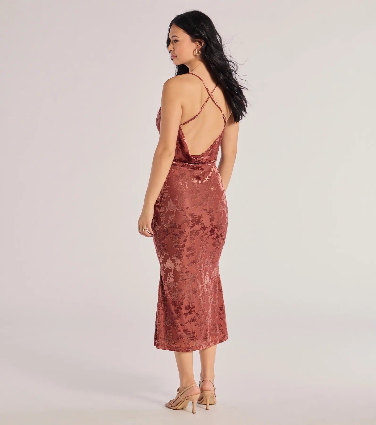 Ultimate Muse Open Back Velvet Midi Dress - Elegant & Flocked