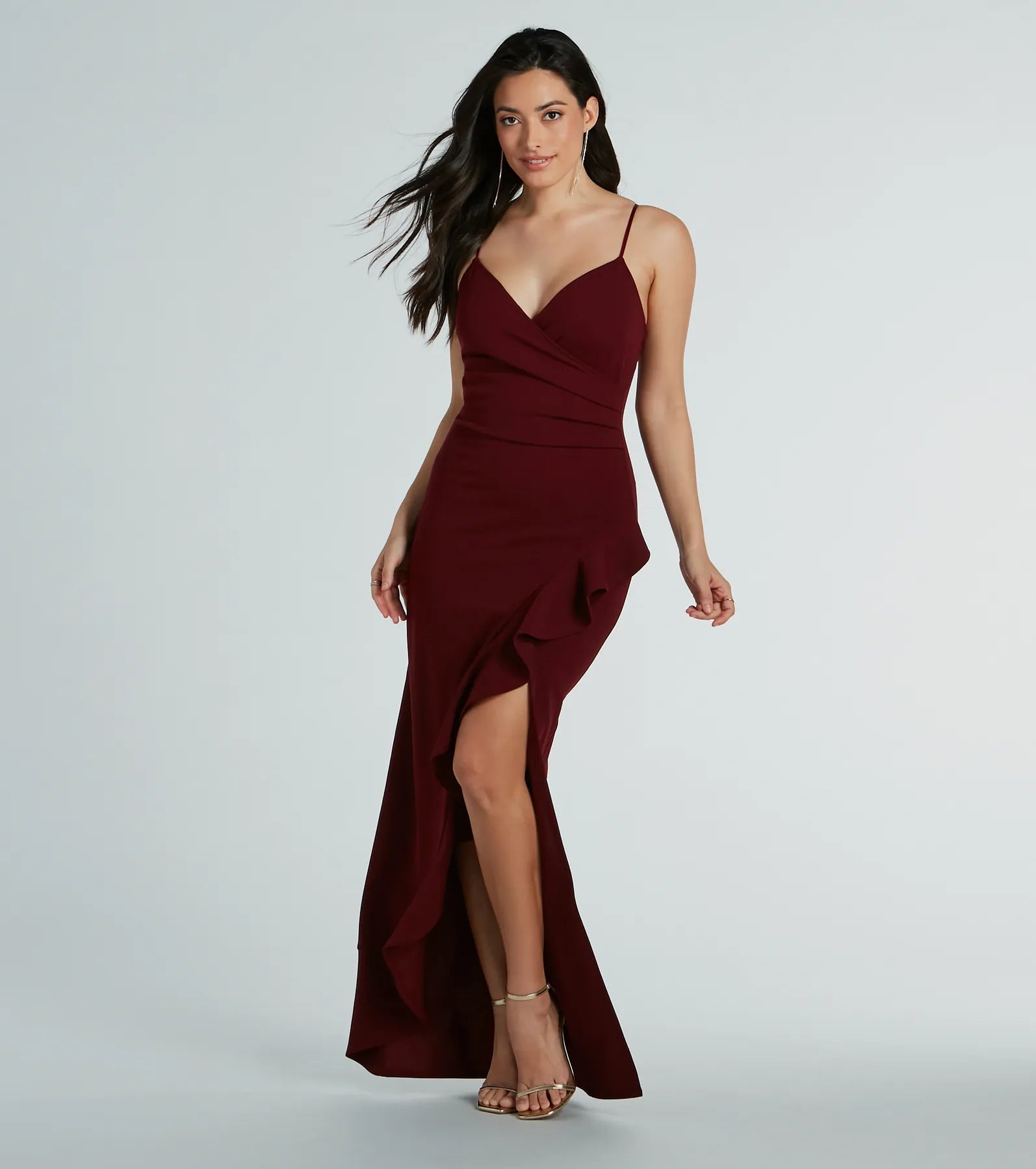 Premium Miley V-Neck Ruffle Crepe Formal Gown