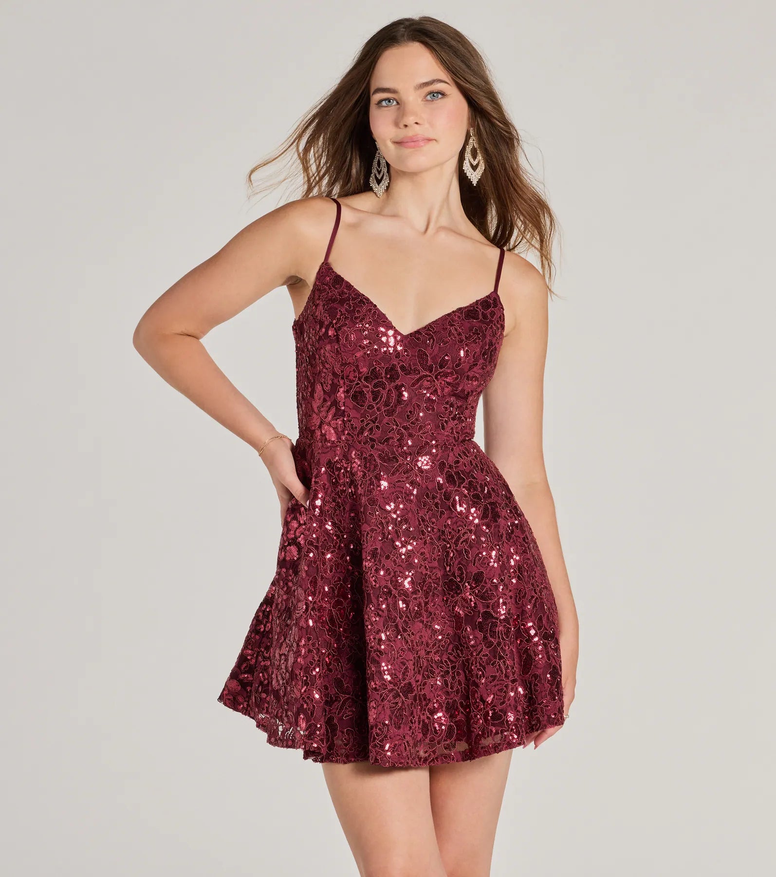 Premium V-Neck Lace Skater Dress with Hidden Pockets