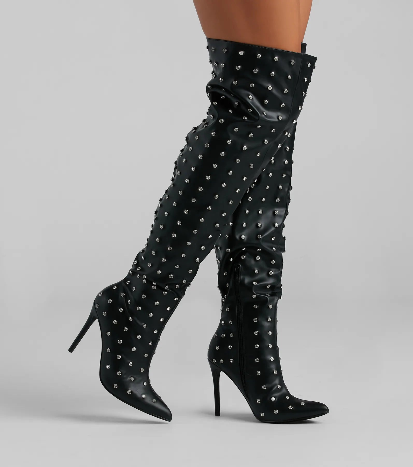 Ultimate Glam Allure Rhinestone Faux Leather Over-The-Knee Boots