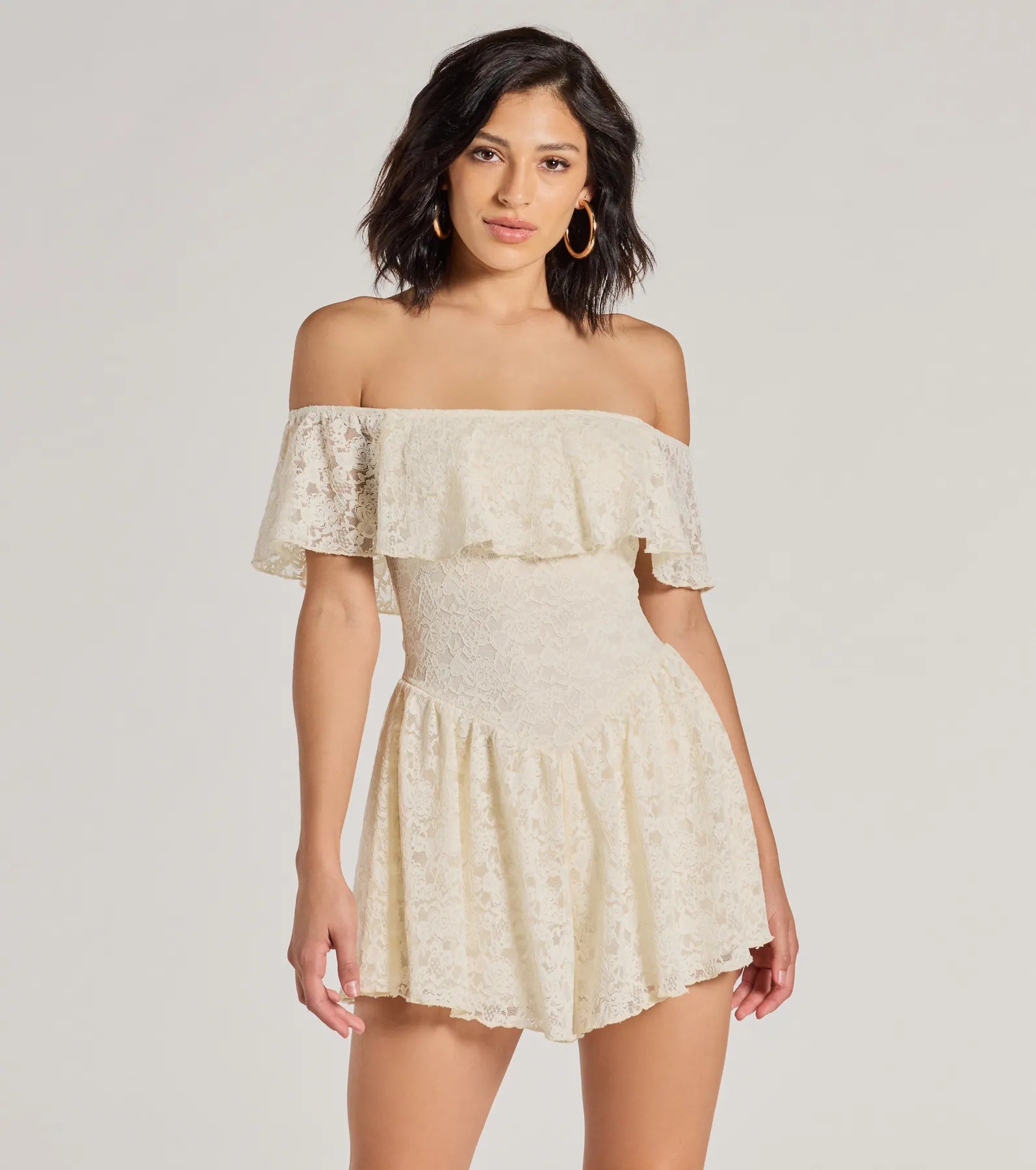 Ultimate Boho Lace Off-The-Shoulder Romper - Skater Silhouette