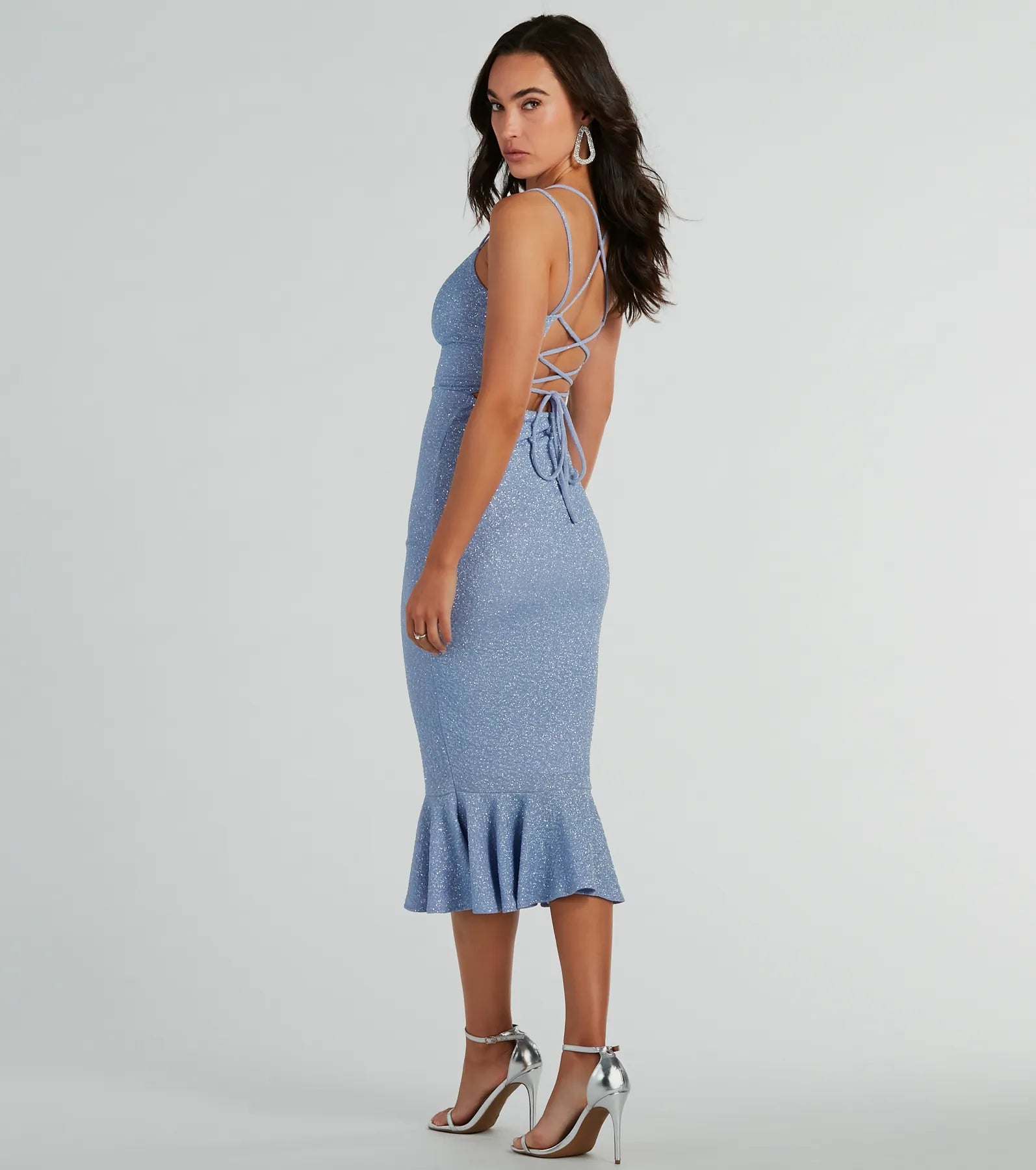 Ultimate Glamour: Marlee Lace-Up Mermaid Glitter Midi Dress