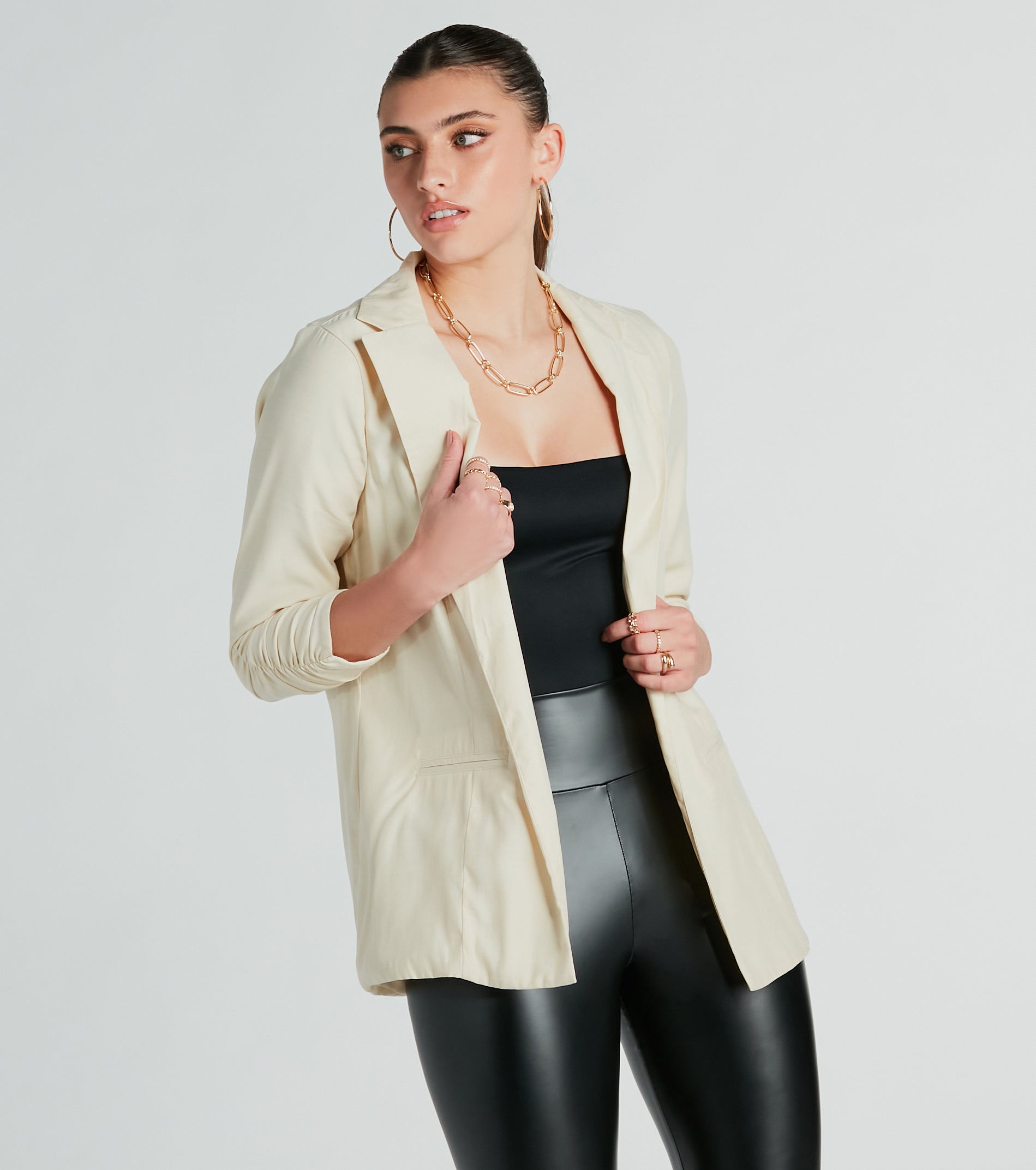 Premium Chic Ruched-Sleeve Twill Blazer - Ultimate Office Style