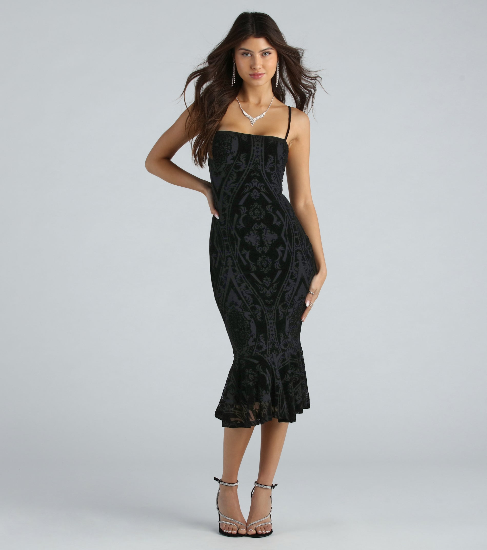 Ultimate Flocked Velvet Ruffle Midi Dress - Premium Elegance