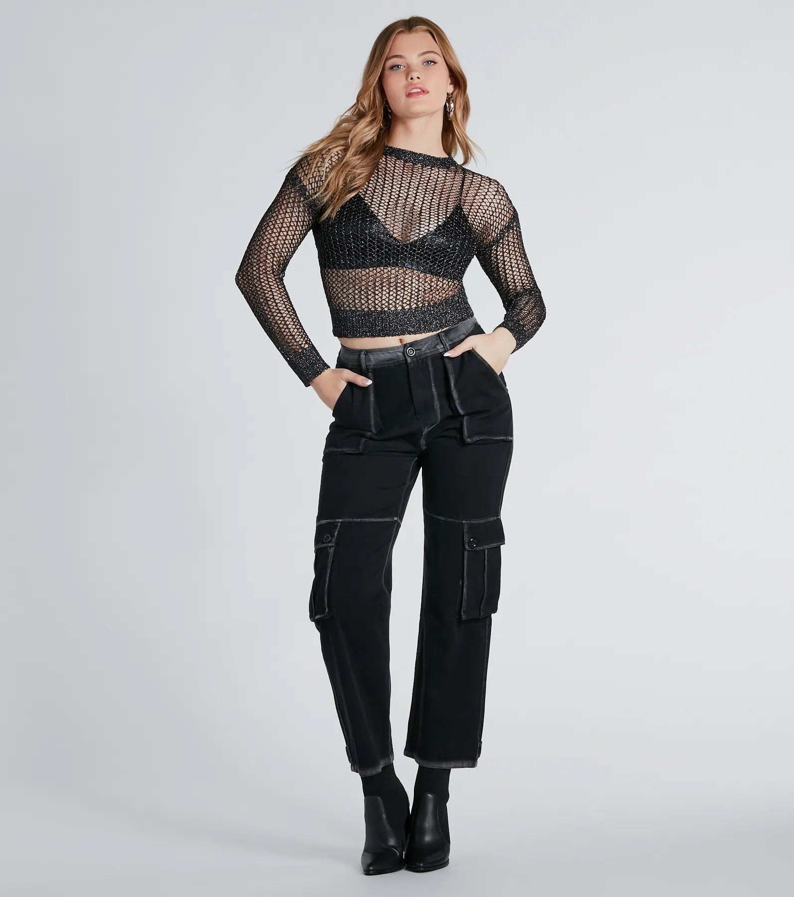 Premium Sheer Fishnet Sweater with Detachable Faux Leather Bralette