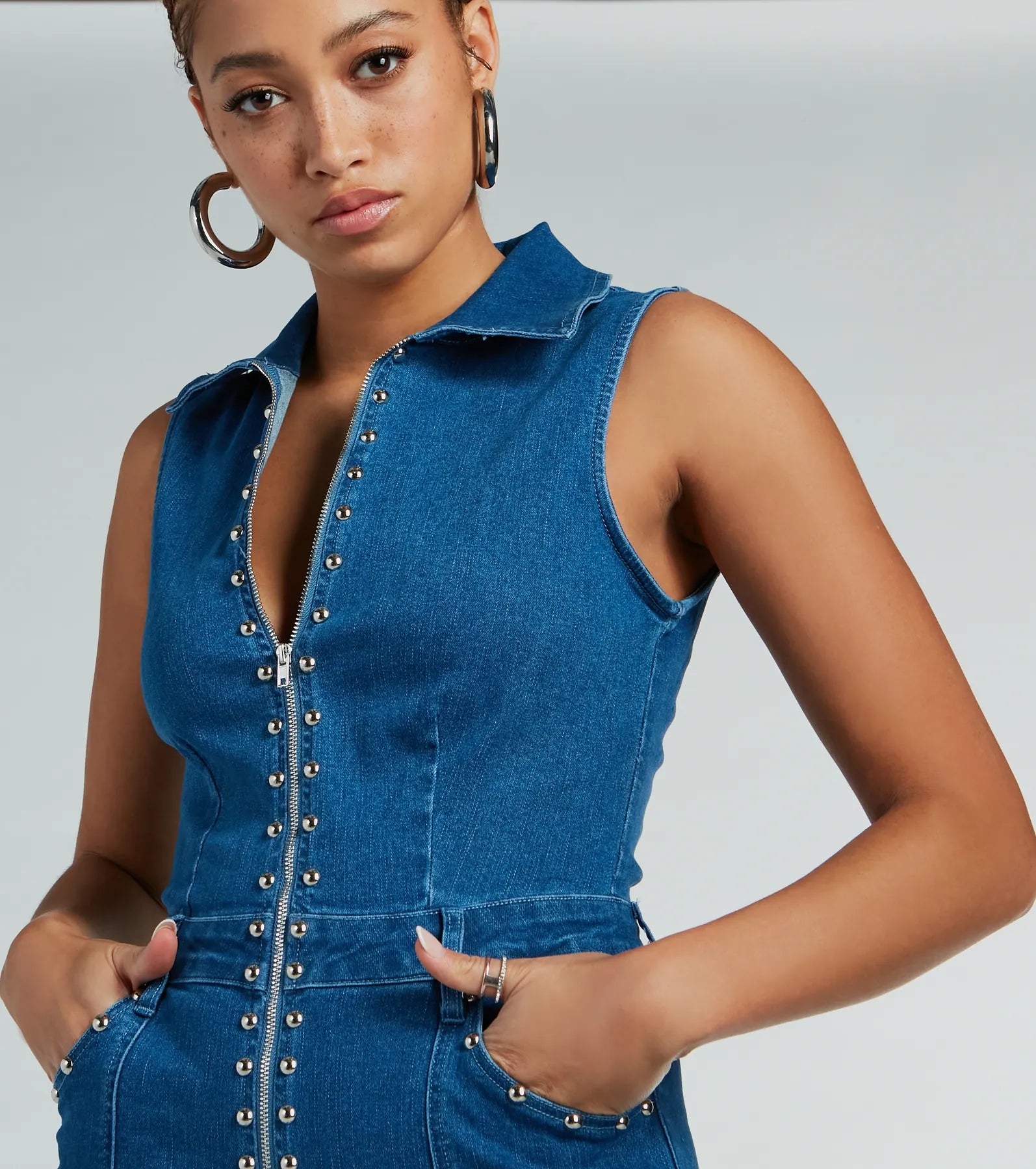 Ultimate Retro Chic Studded Denim Jumpsuit