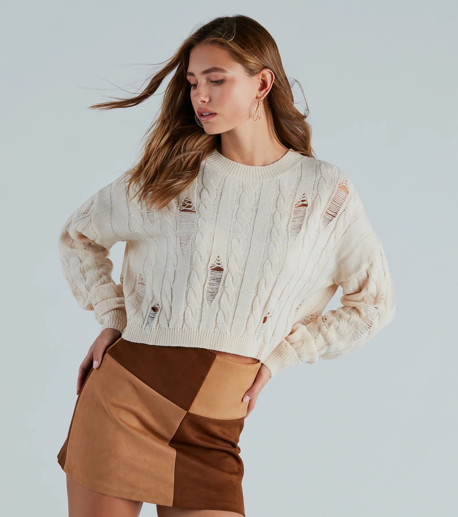 Ultimate Latte Meet-Up Premium Distressed Cable Knit Sweater