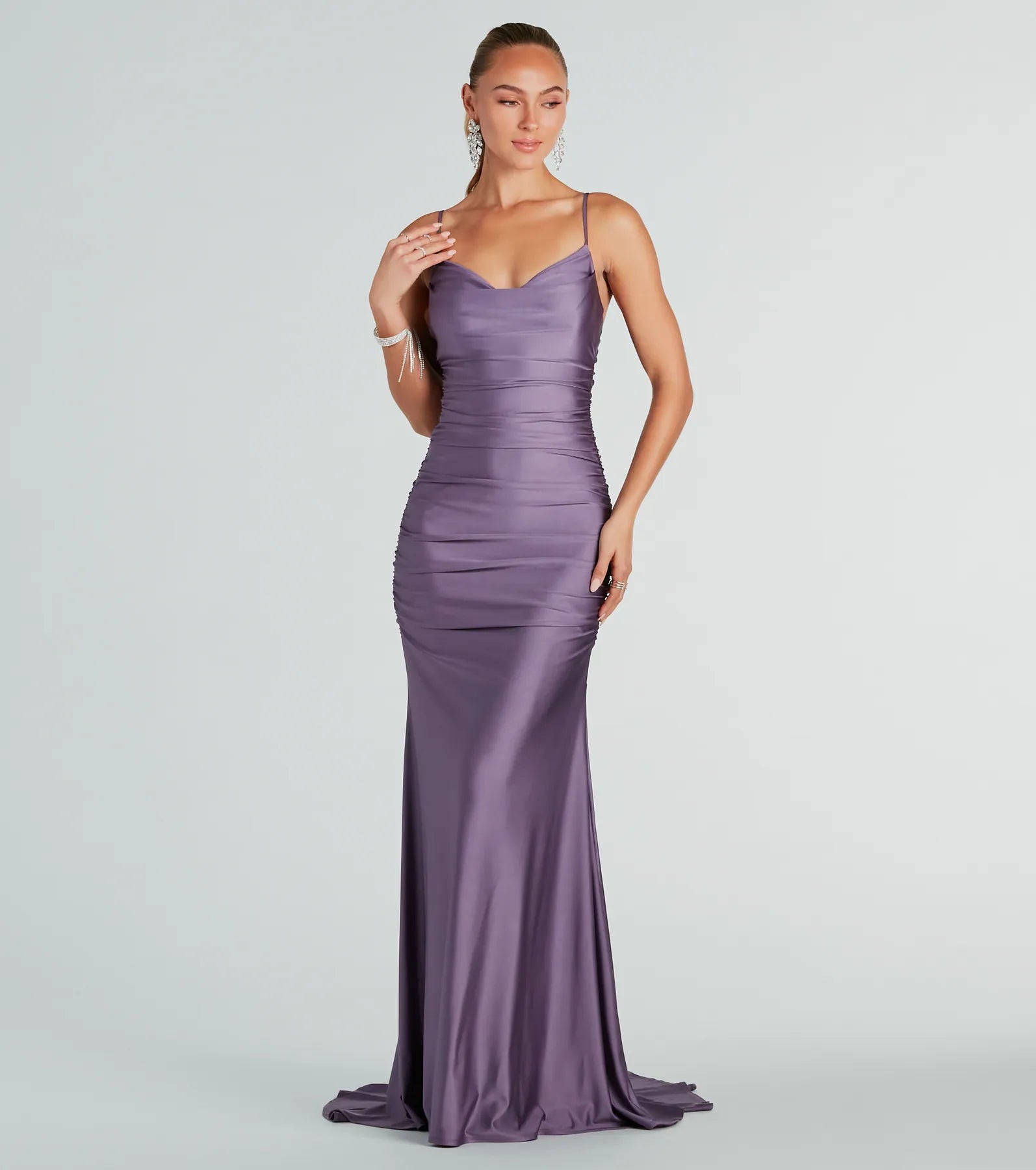 Premium Whitley Formal Ruched Mermaid Gown with Cascading Train