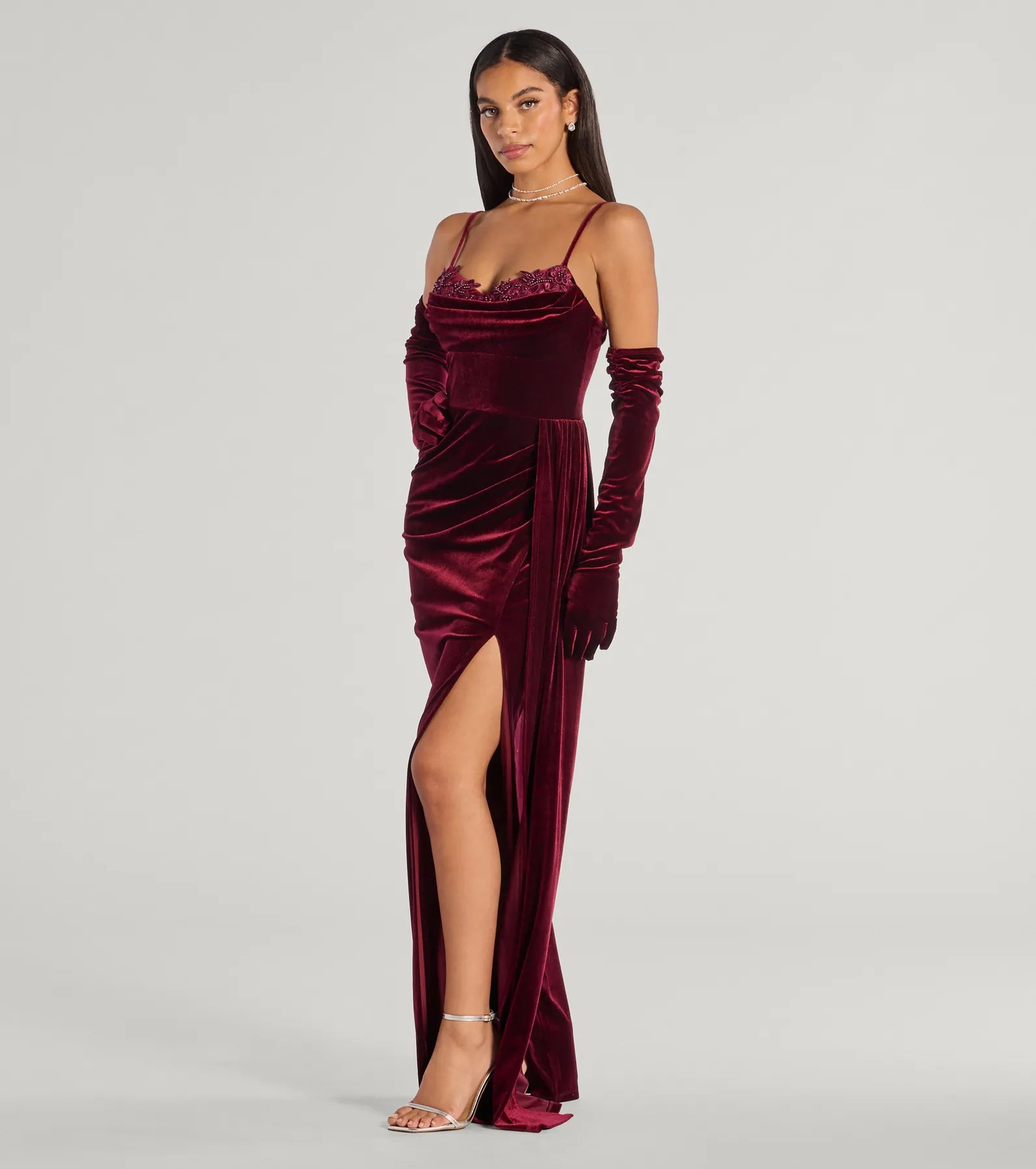 Premium Inez Velvet Beaded Gown with Gloves - Ultimate Formal Elegance