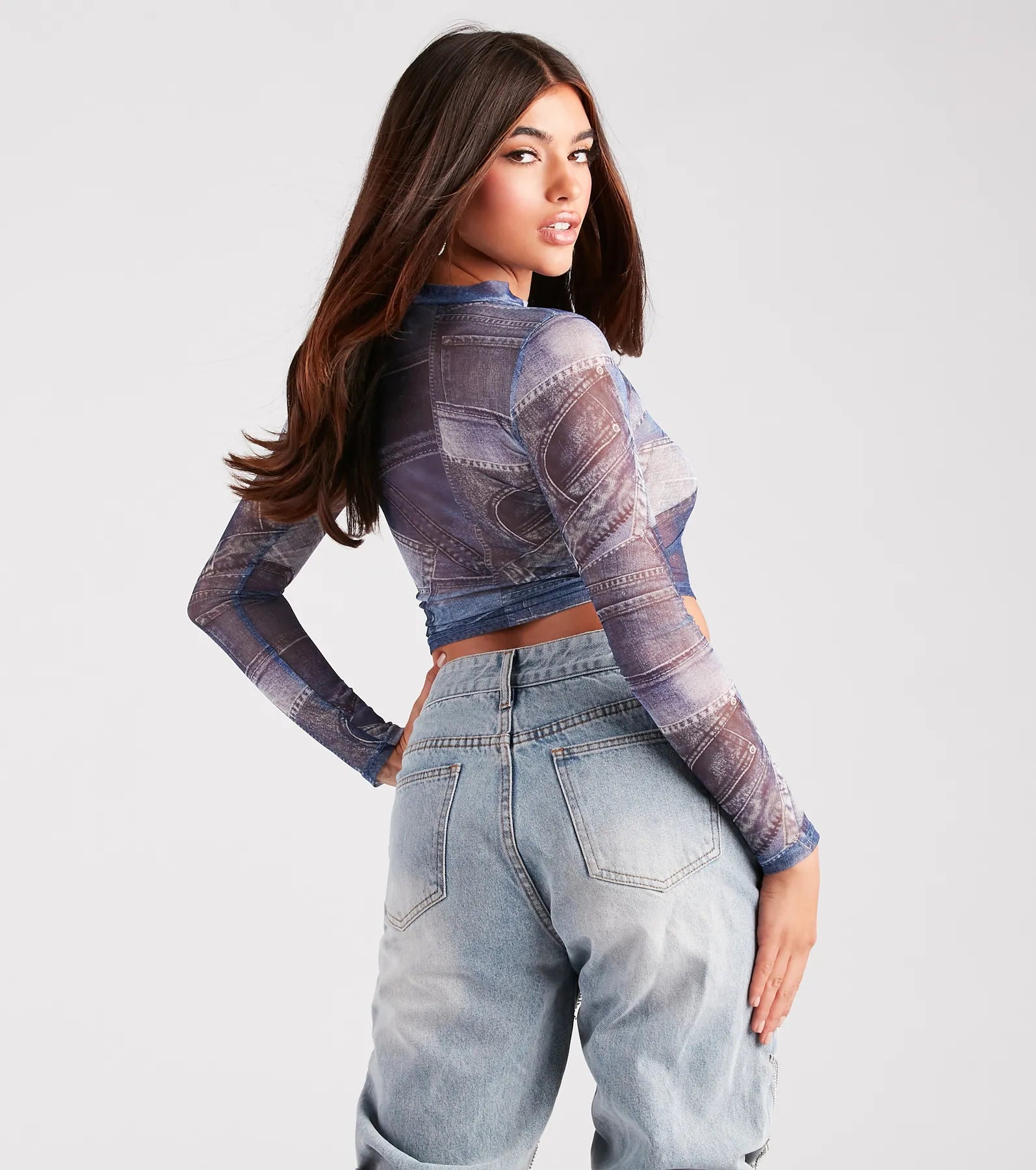 Ultimate Y2K Mesh Denim Print Crop Top - Stretch the Rules