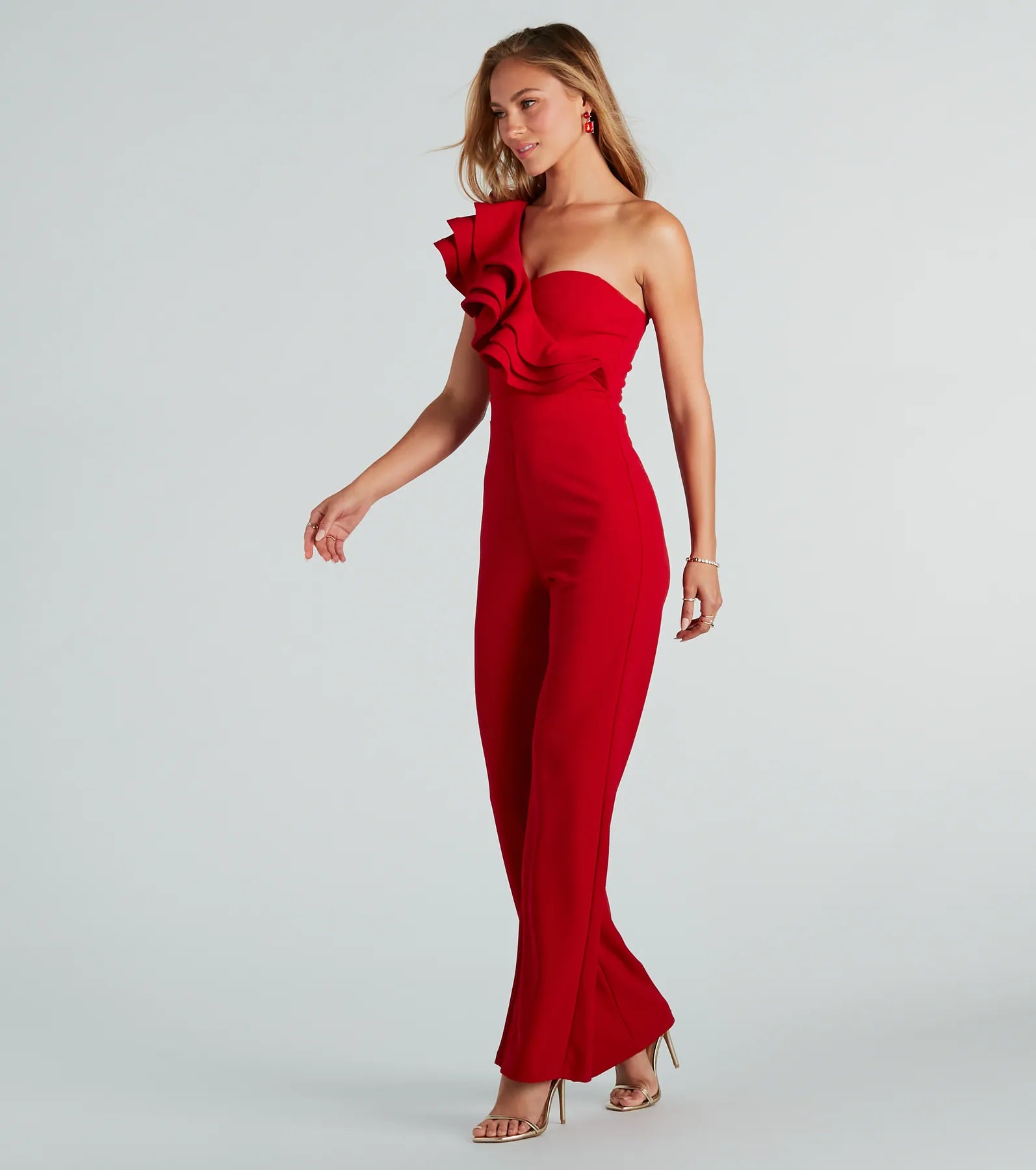 Ultimate Catwalk Strut Crepe Ruffle One-Shoulder Jumpsuit