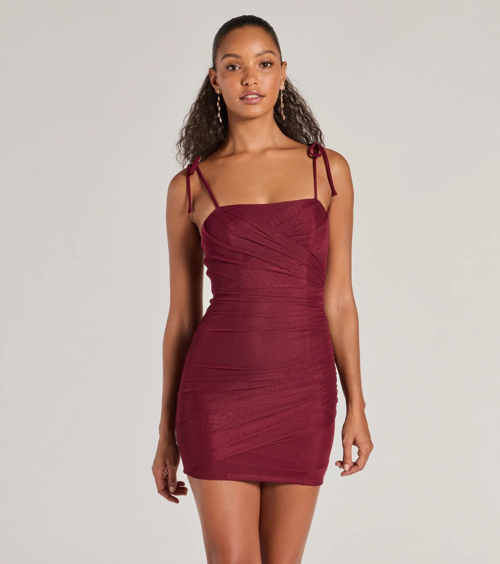 Ultimate Glamour: Mesh & Crepe Ruched Mini Dress for Night Out